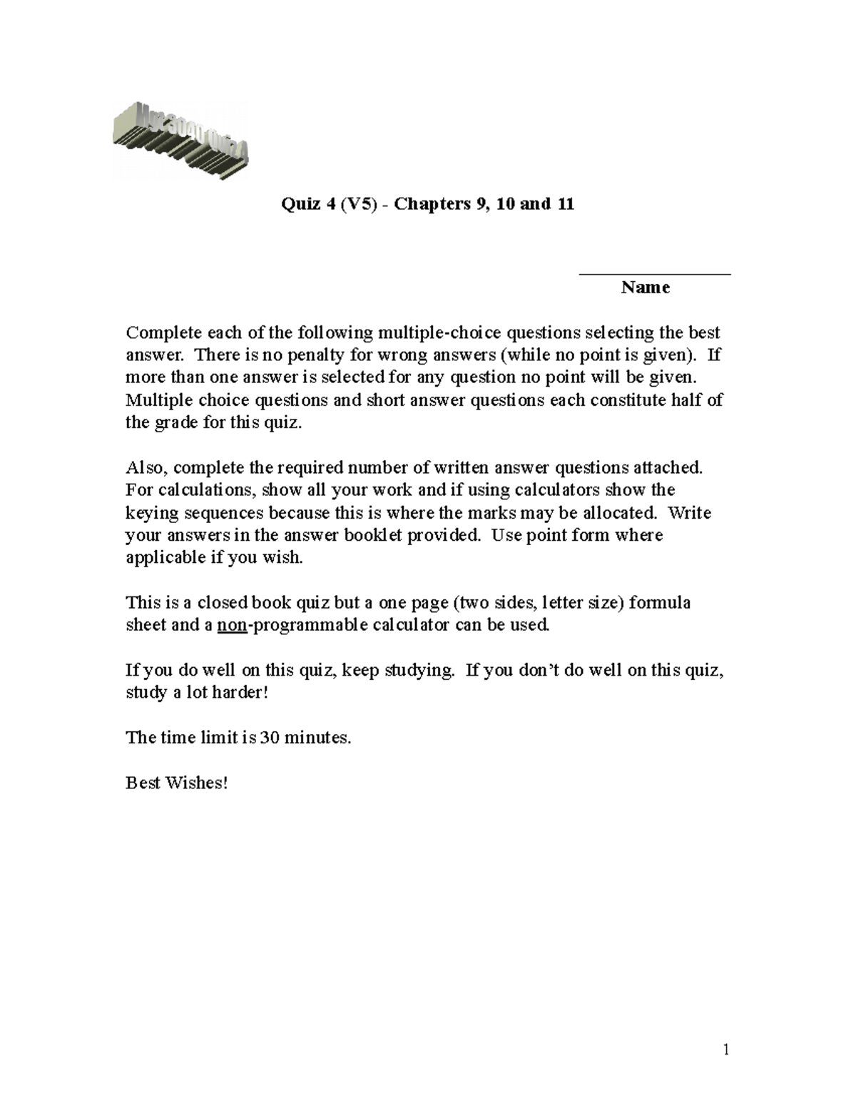3040 Quiz 4 V5 Ch 9 10 11 Quiz 4 V5 Chapters 9 10 And 11