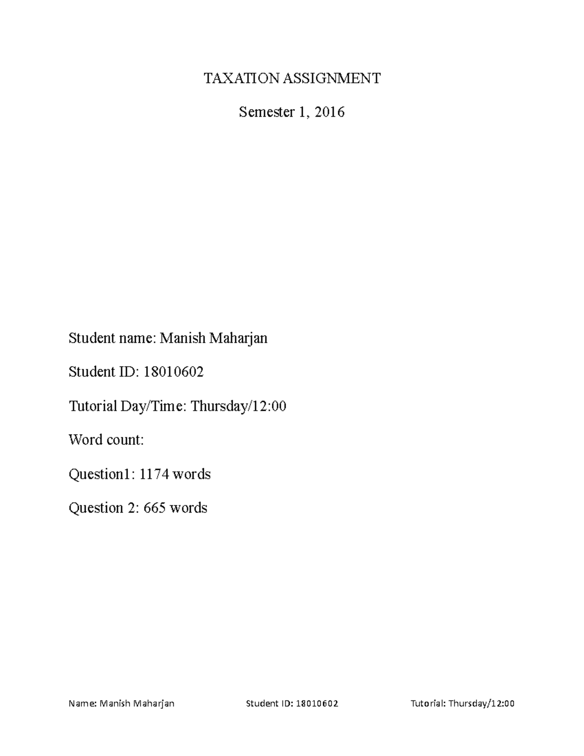 Tax asignment - Assignments - TAXATION ASSIGNMENT Semester 1, 2016 ...