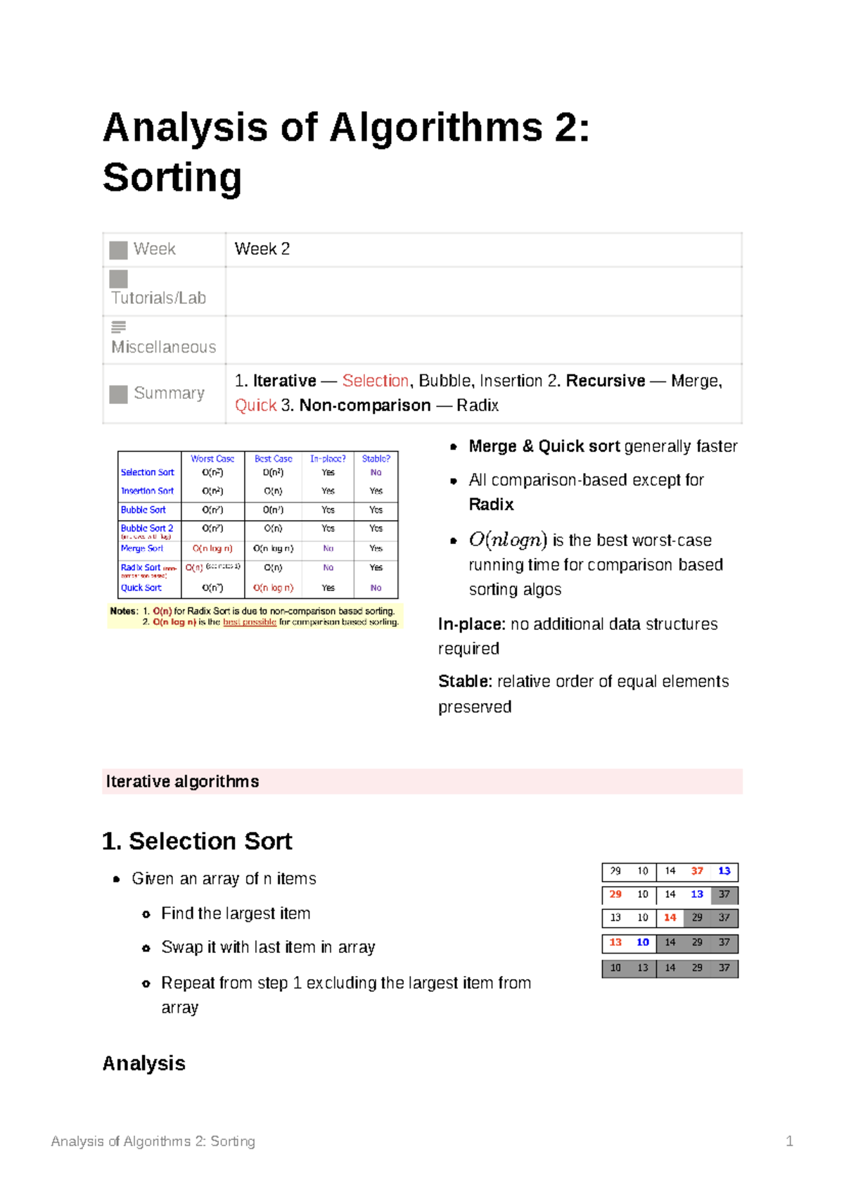 L4 Sorting - Analysis of Algorithms 2: Sorting Week Week 2 Tutorials ...