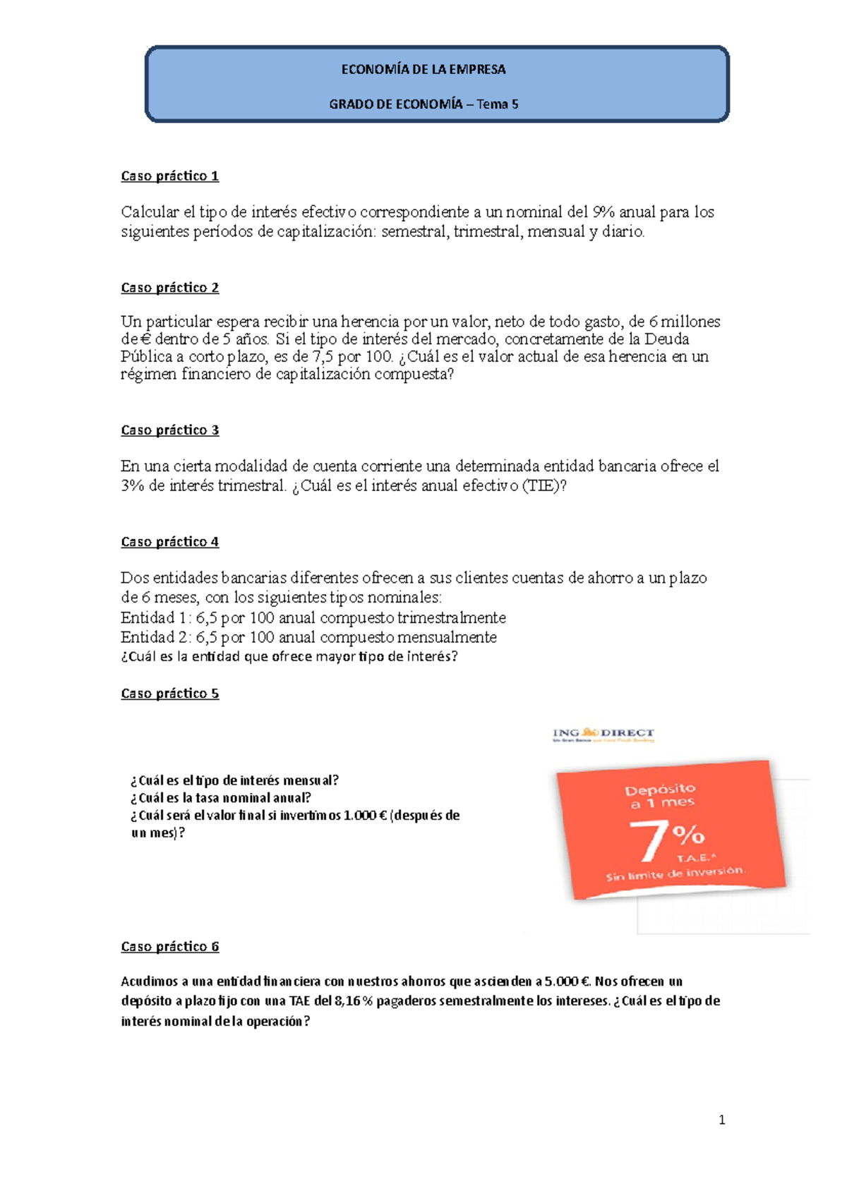 Enunciados Casos Practicos Tema 5 - ECONOMÍA DE LA EMPRESA GRADO DE ...