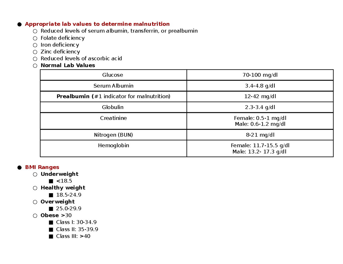 NUR 215 Exam 3 Study Guide Appropriate lab values to determine