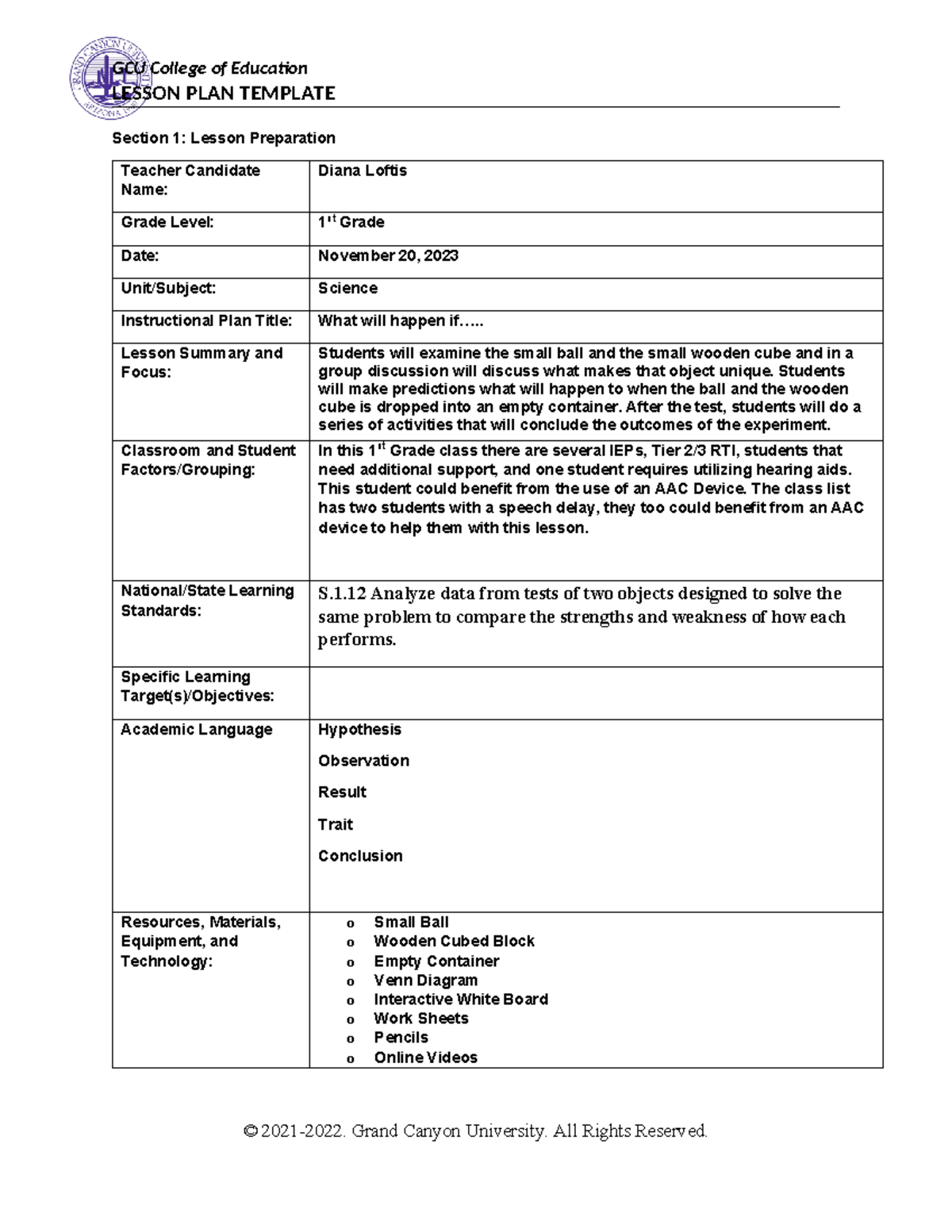 ELM-361Science Lesson Plan - LESSON PLAN TEMPLATE Section 1: Lesson ...