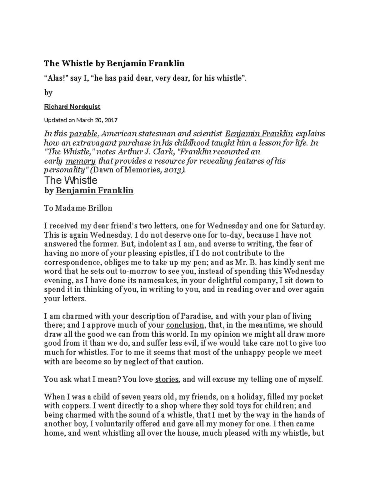 the whistle by benjamin franklin essay