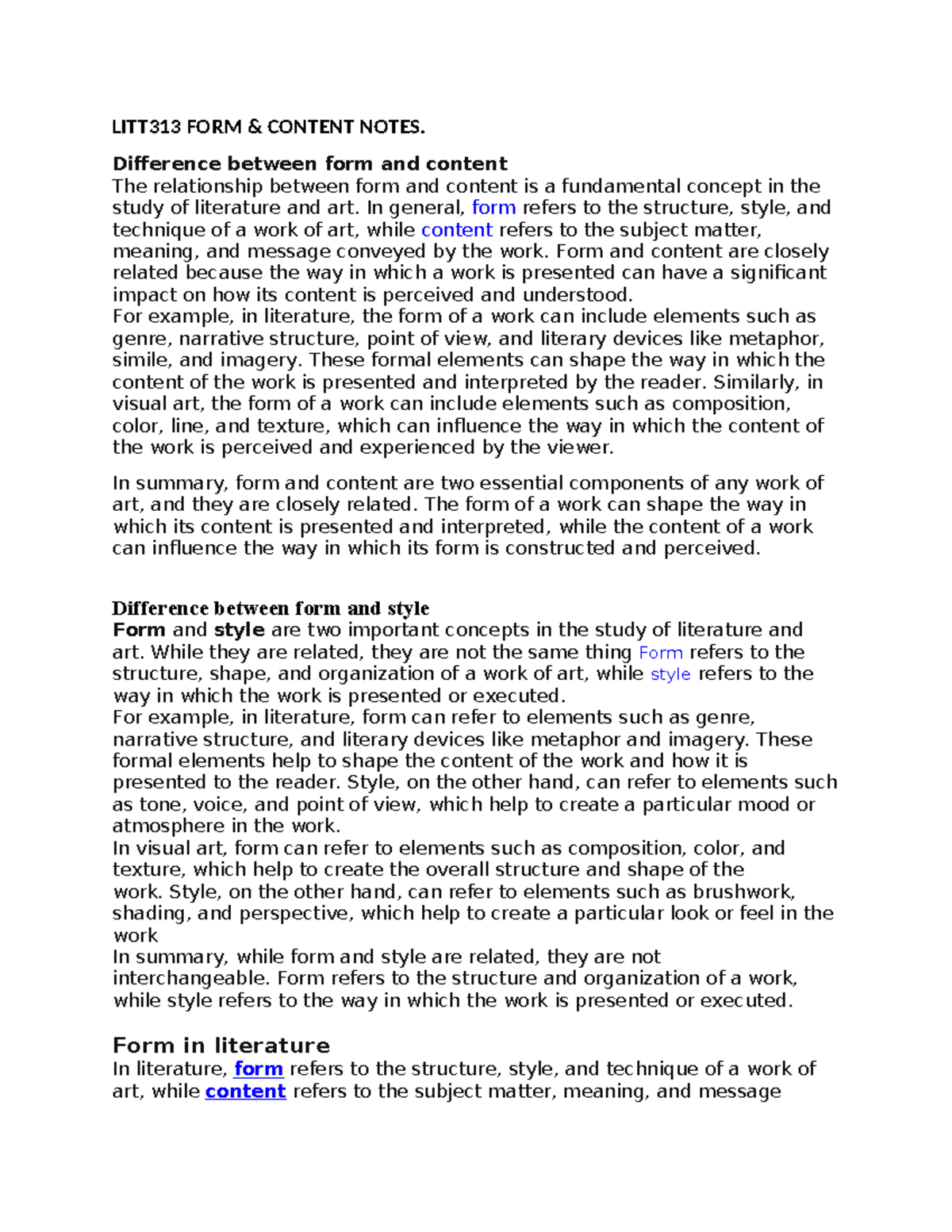 LITT 313 FORM AND Content [Gikunda] - LITT313 FORM & CONTENT NOTES ...
