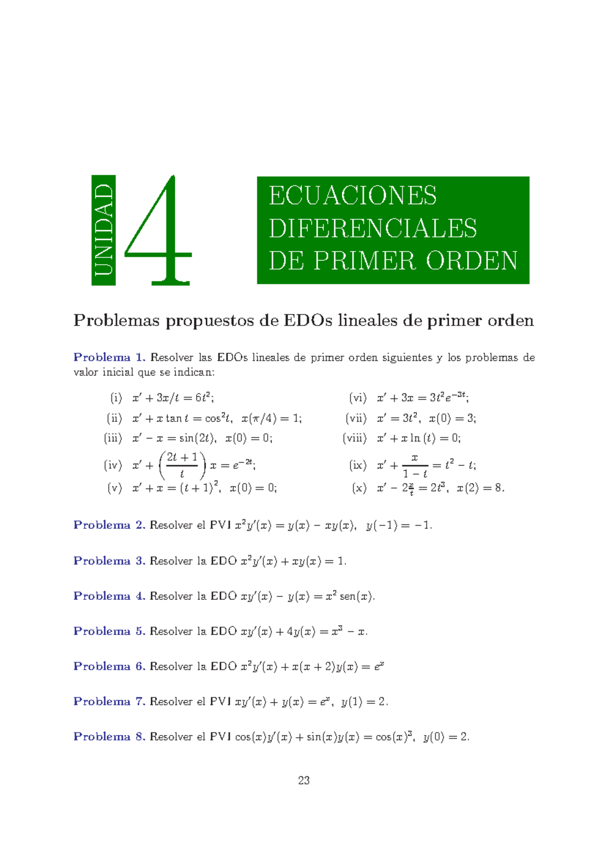 Tema4 1 Enunciados Edos 1 Unidad 4 Ecuaciones Diferenciales De Primer