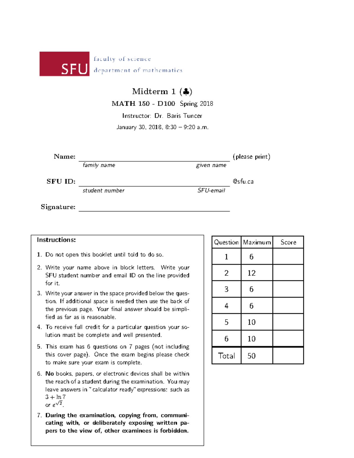 Exam 18 February Spring 2018, questions - Midterm 1 MATH 150 D100 ...