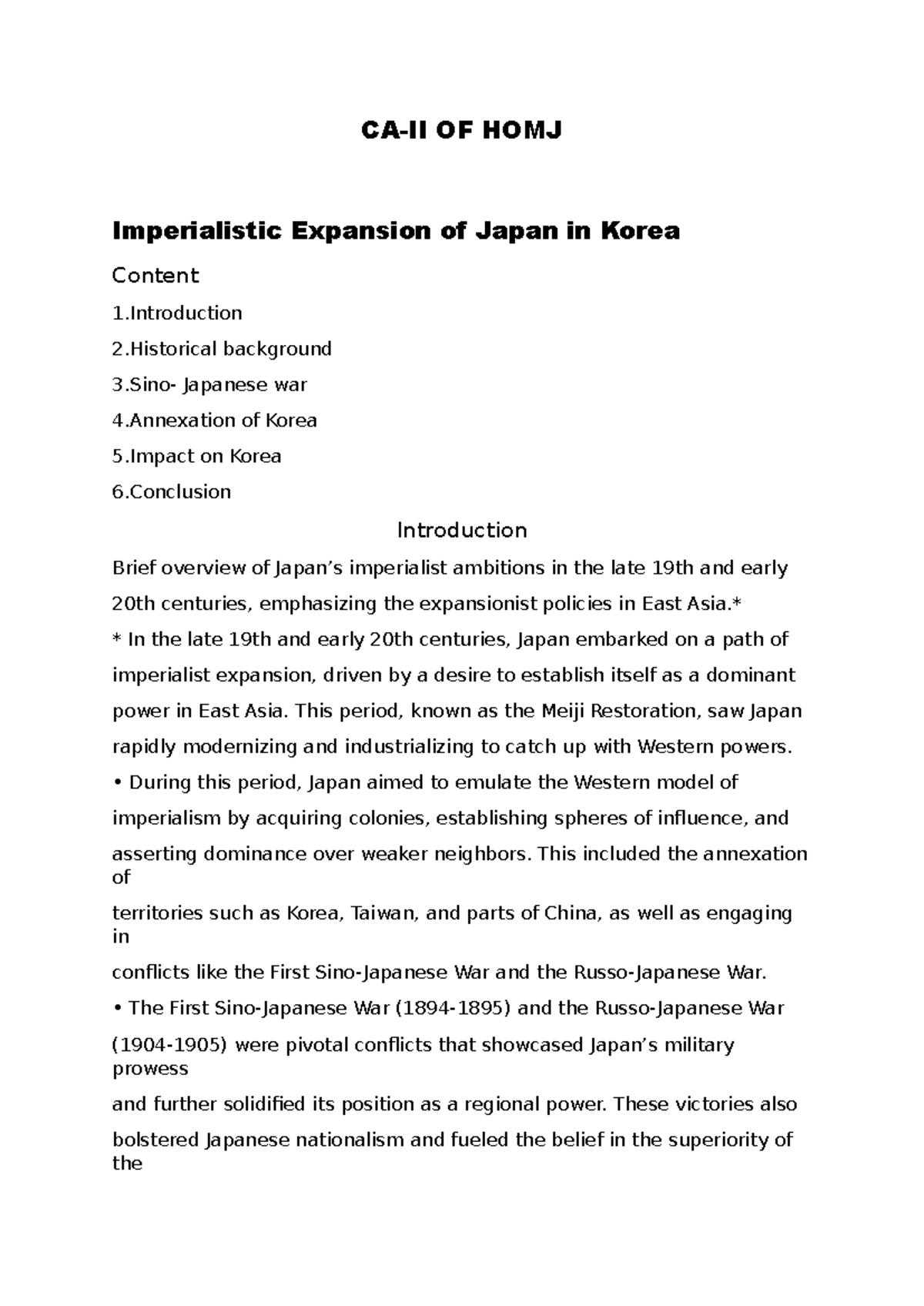 imperial expansion on korea - CA-II OF HOMJ Imperialistic Expansion of ...