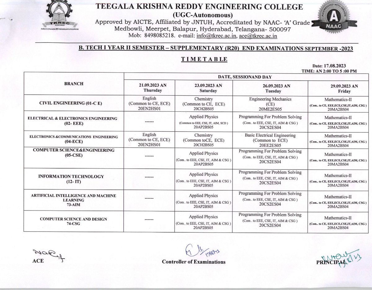 B TECH I YEAR II SEM Supply (R20) END Exams TIME Table SEP - 2023 ...