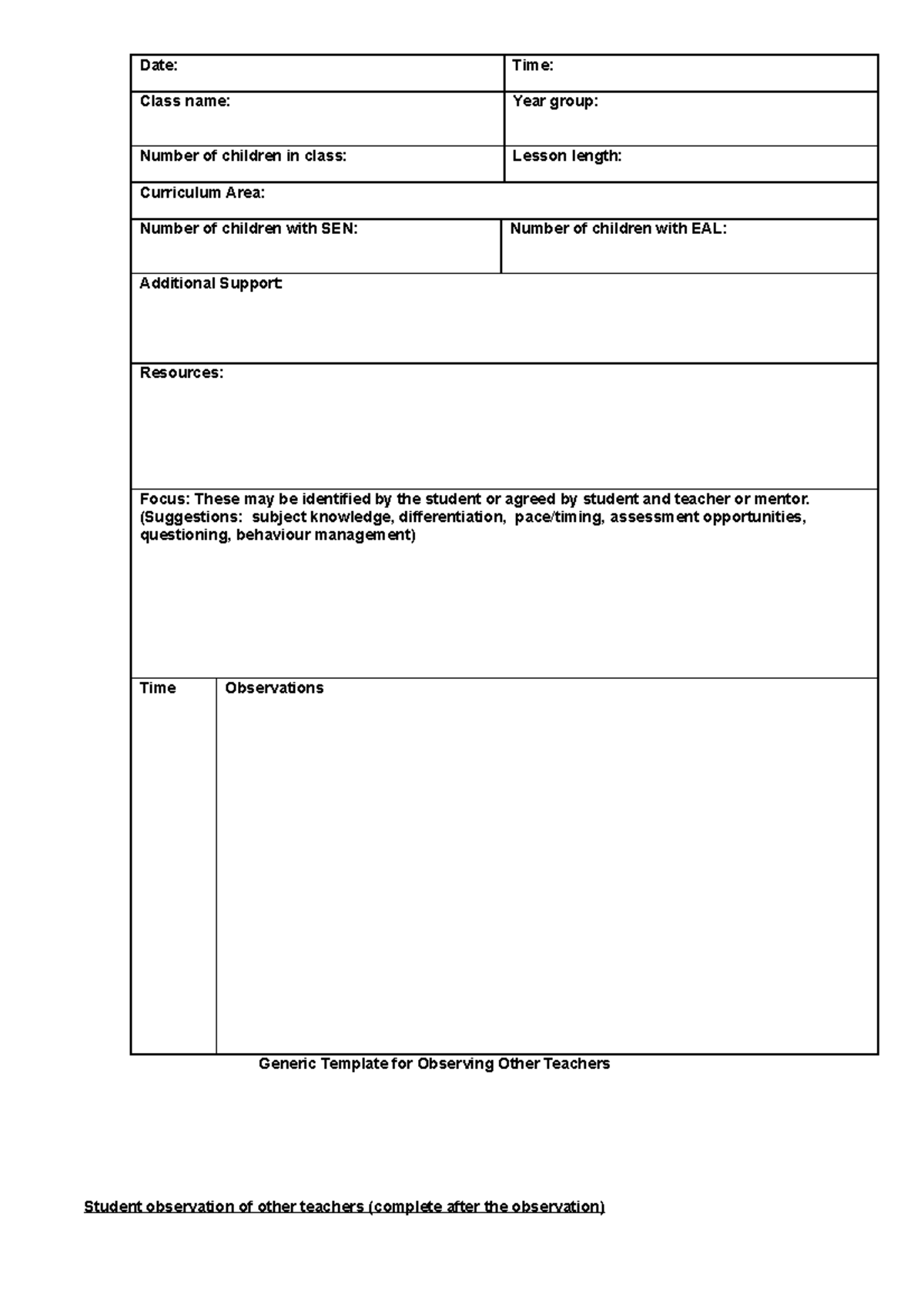 Generic proforma for observing other teachers - Date: Time: Class name ...