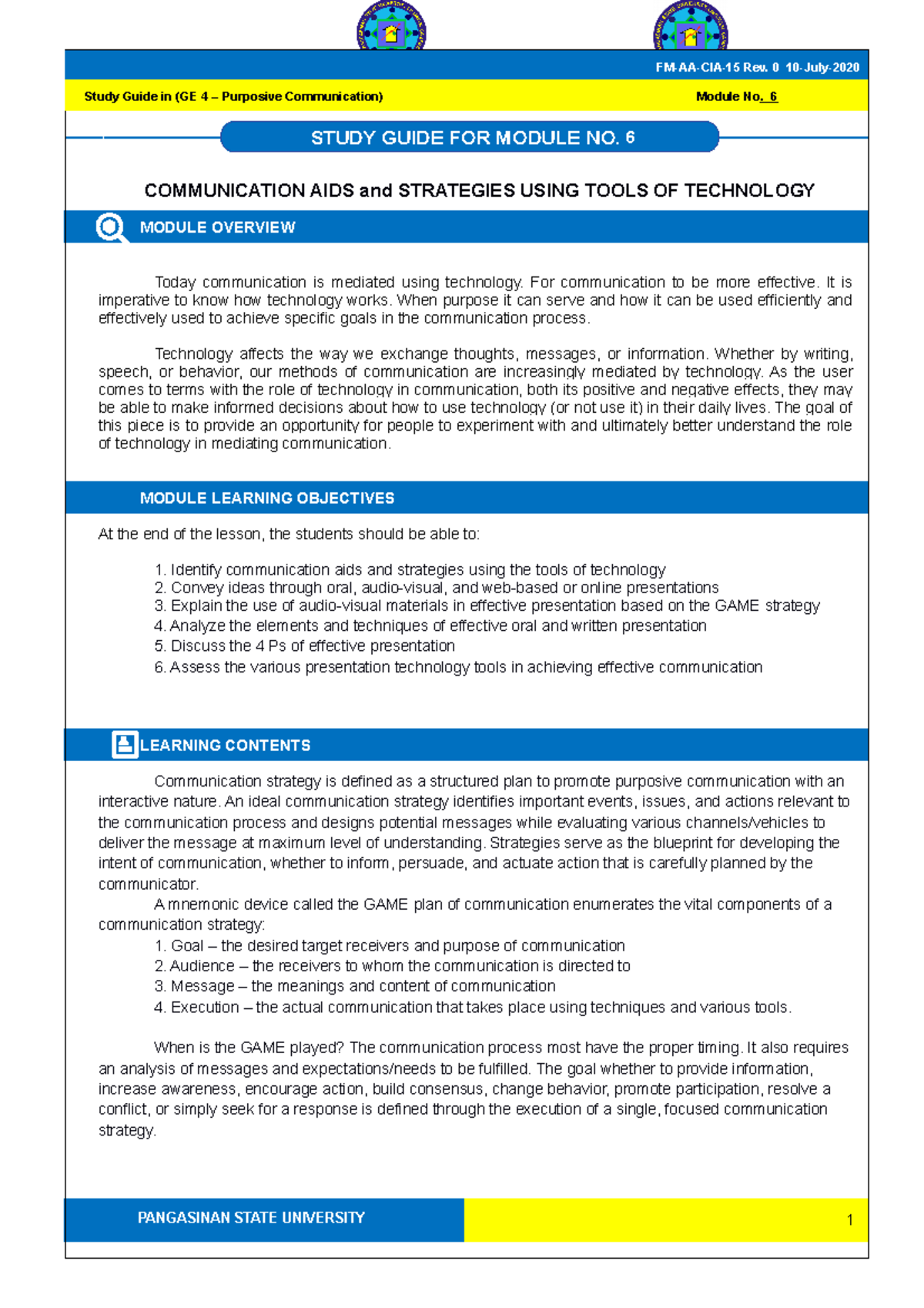 Study Guide 6 - Ge 4 - Purcom - Pangasinan State University Study Guide 