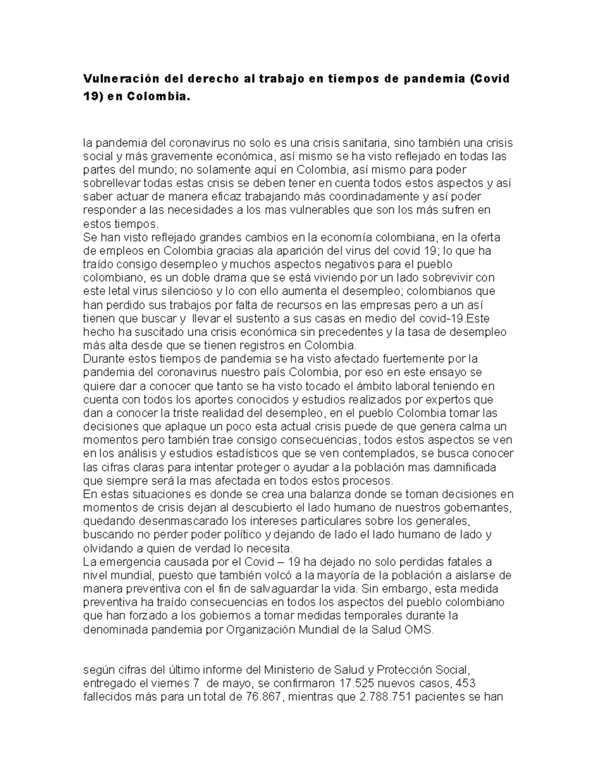 Vulneración del derecho al trabajo en tiempos de pandemia - la pandemia ...