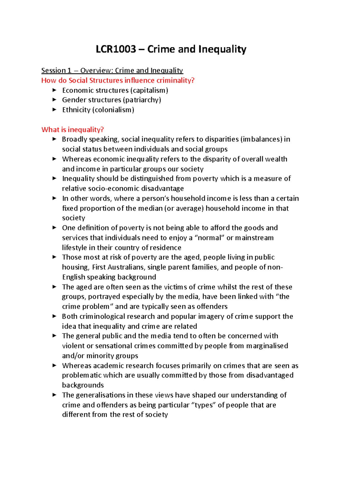 LCR1003 - NOTES - LCR1003 – Crime and Inequality Session 1 - Overview ...