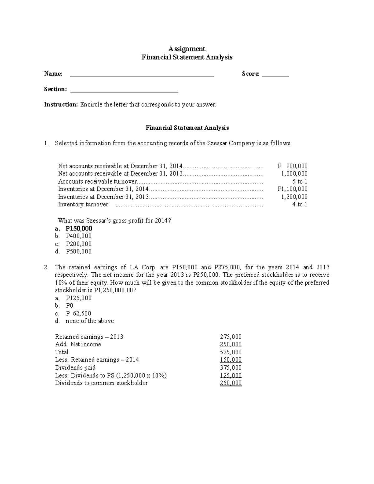 1 - Financial Statement Analysis - Questions with answers - 10-13-20 ...