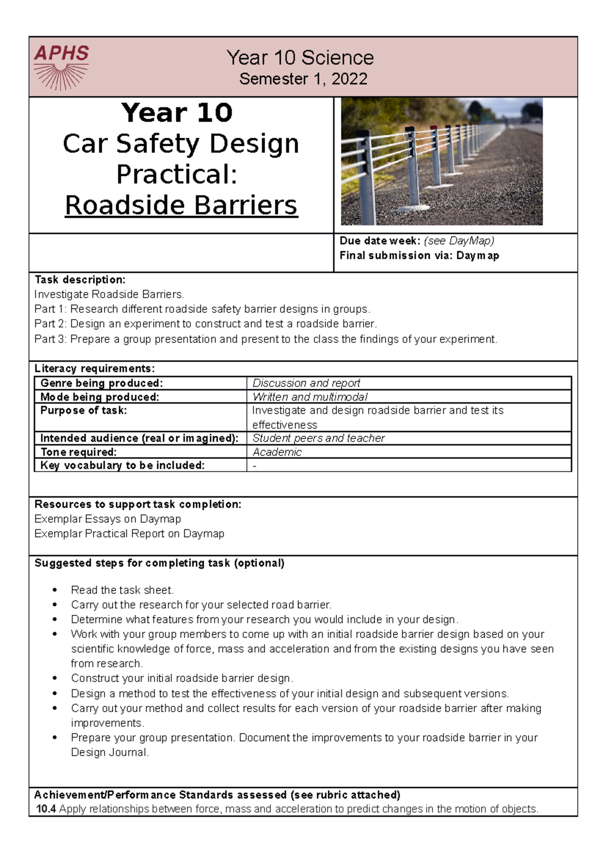3 Physical Sciences Assessment Task 2 Physics Car Safety Barrier