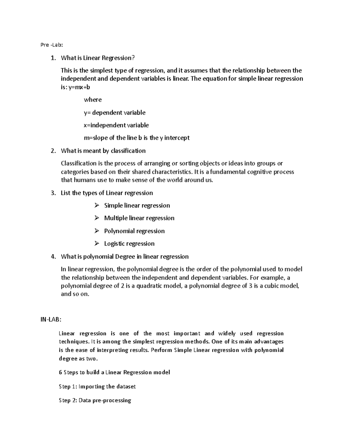 ML LAB 1 - Pre -Lab: 1. What is Linear Regression? This is the simplest ...