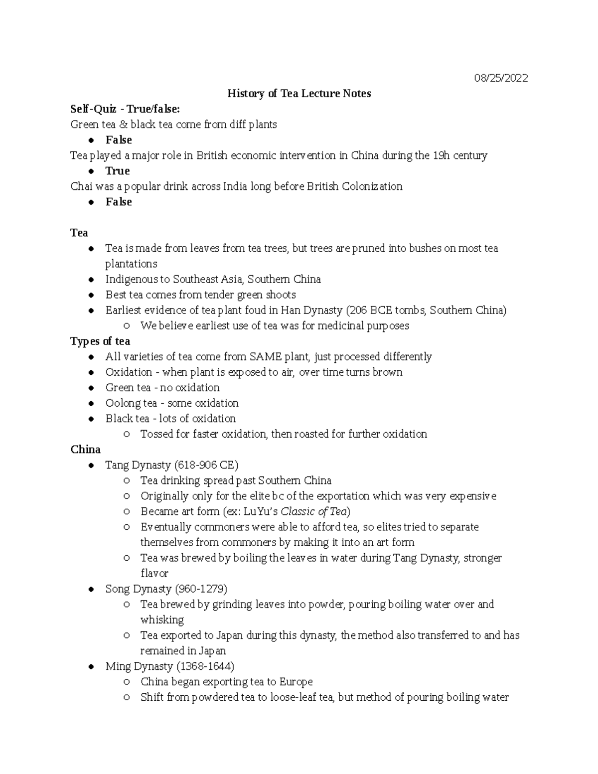 ASIAN 458 08 25 History of Tea Notes - 08/25/ History of Tea Lecture ...