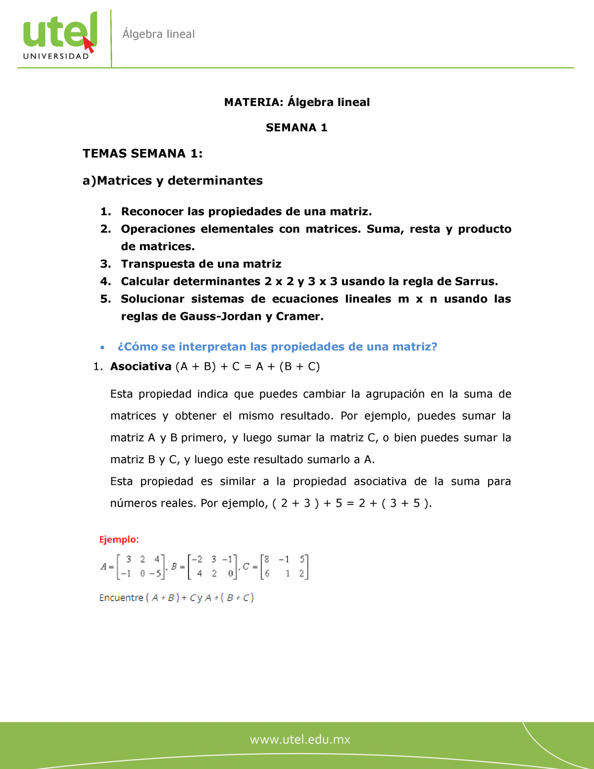 Algebra Lineal Semana 1 PF - MATERIA: Álgebra Lineal SEMANA 1 TEMAS ...