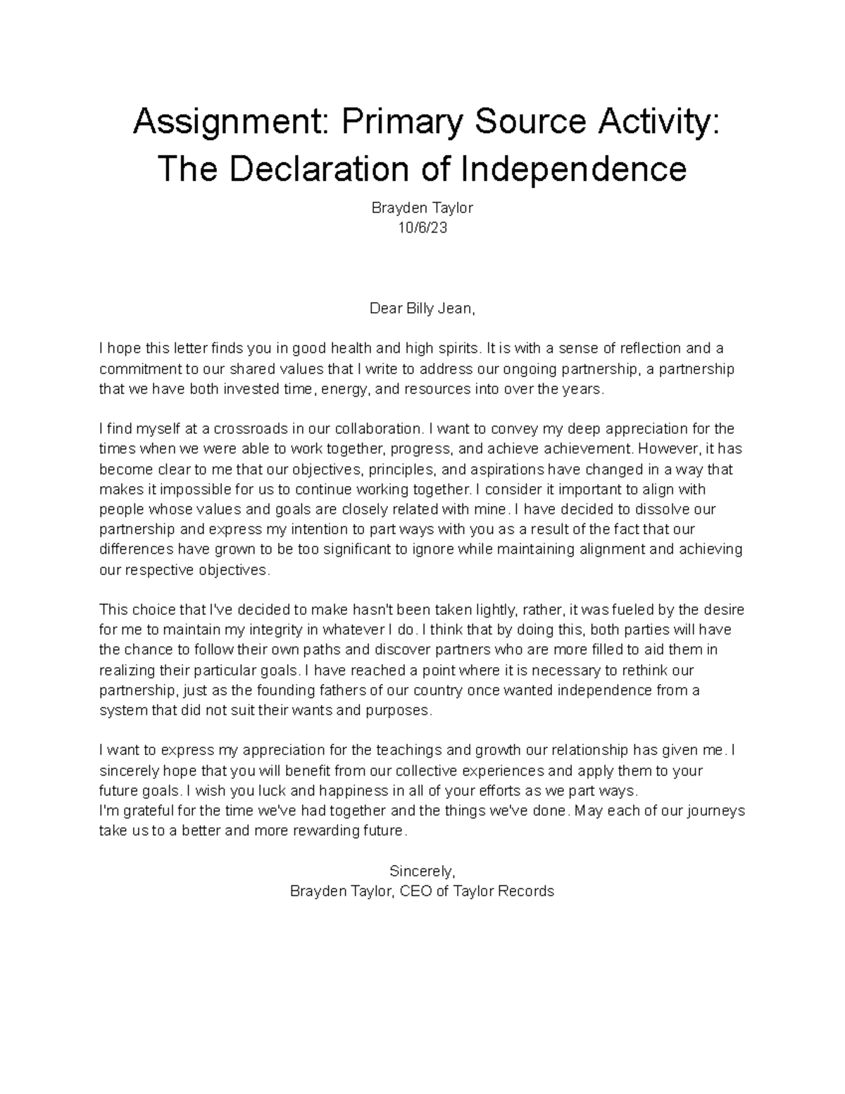 declaration of independence assignment