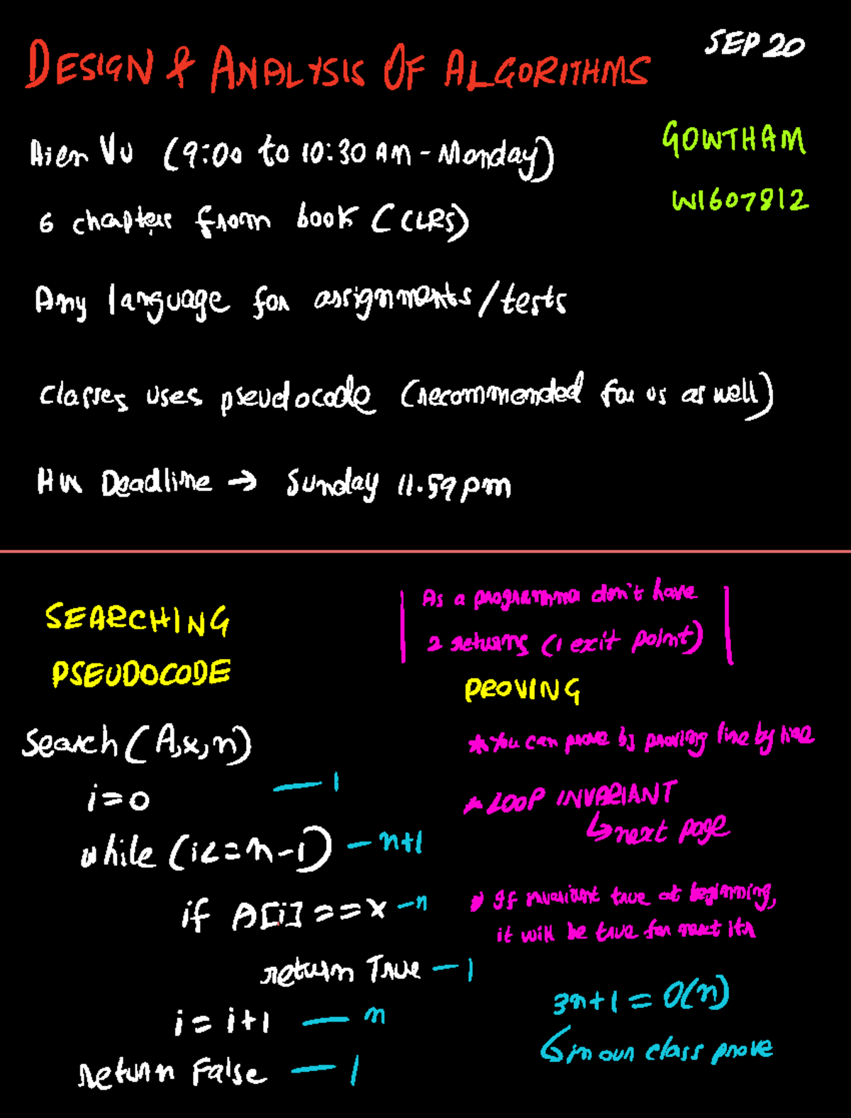 Notes part 1 - SEP 20 DESIGN ANALYSIS OF ALGORITHMS HienVu 900 to 1030 ...