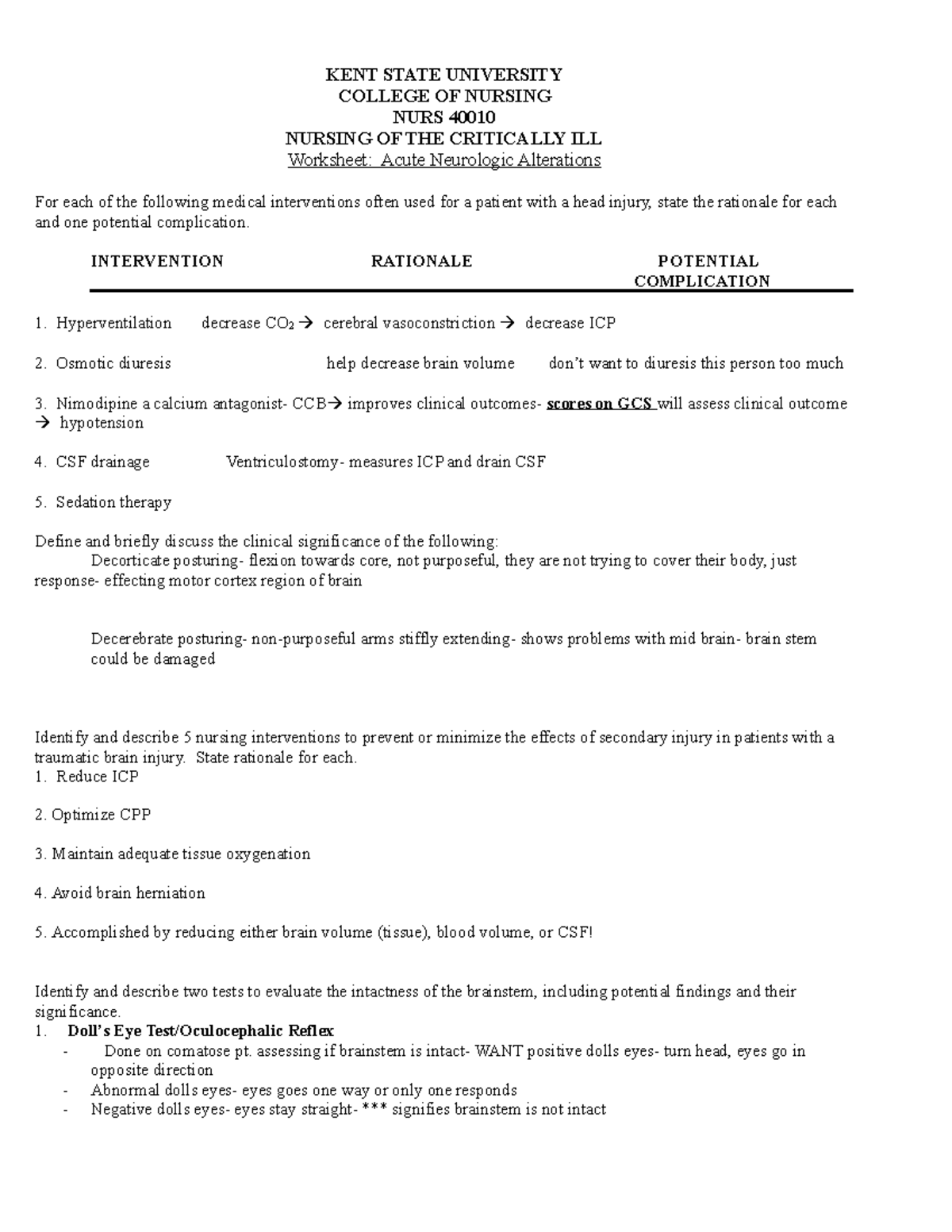 Final CC worksheets - clinical worksheet - KENT STATE UNIVERSITY ...