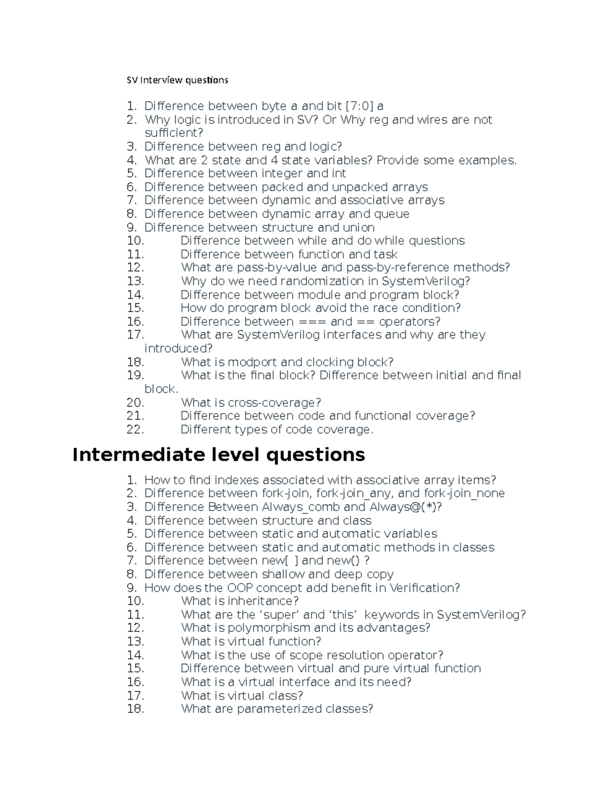 SV - SV ques - SV Interview questions Difference between byte a and bit ...