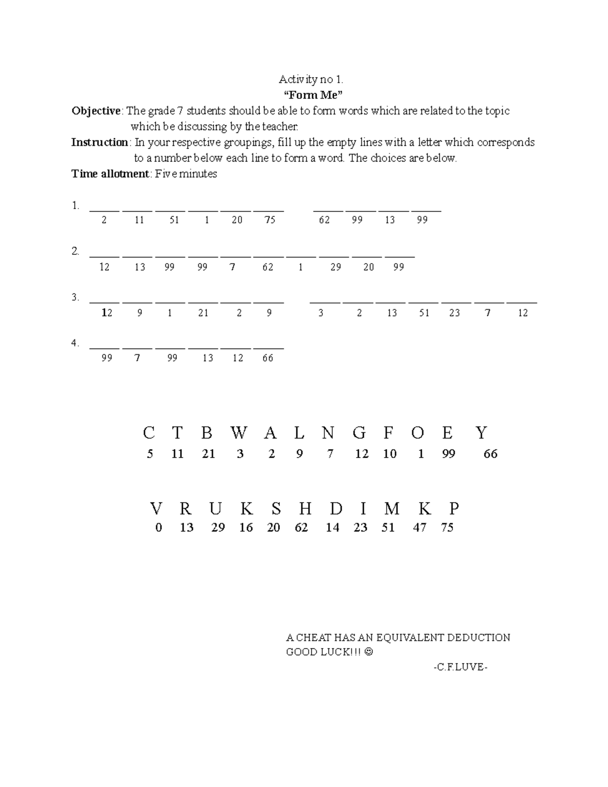 Activity in grade 7 - I like it. - Activity no 1. “Form Me” Objective ...