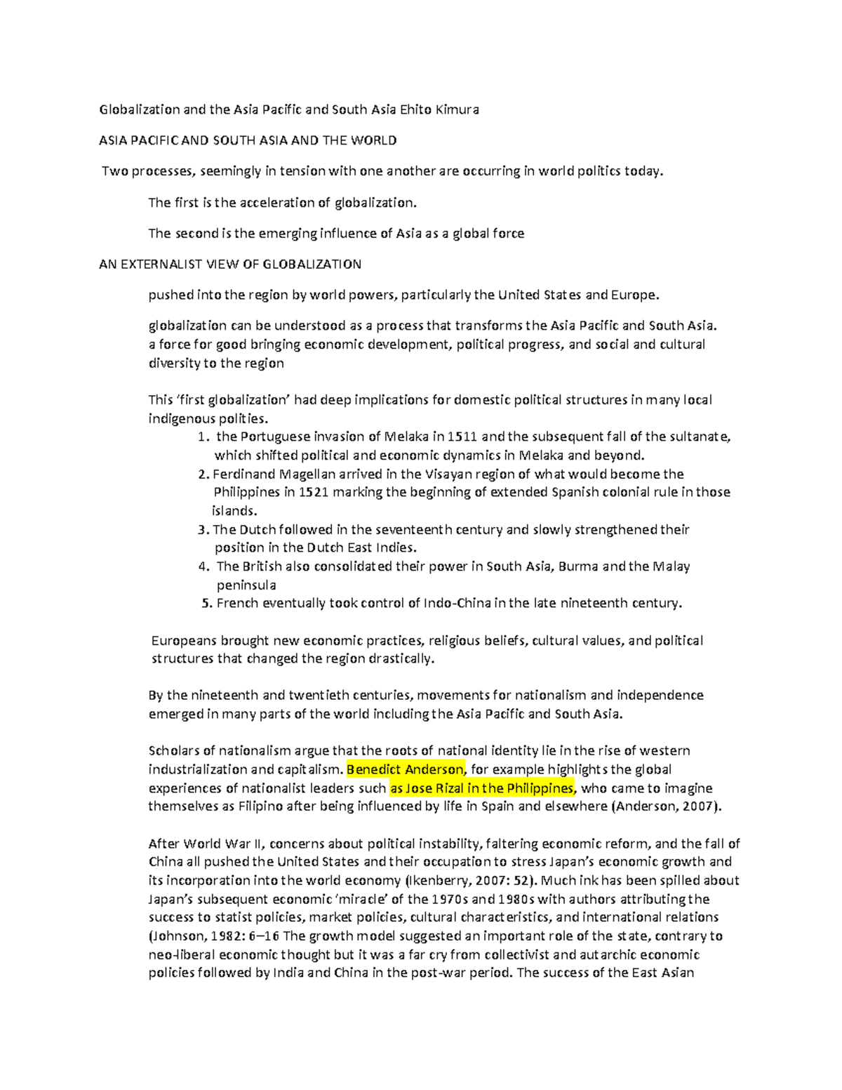 Globalization and the Asia Pacific and South Asia Ehito Kimura(Outline ...