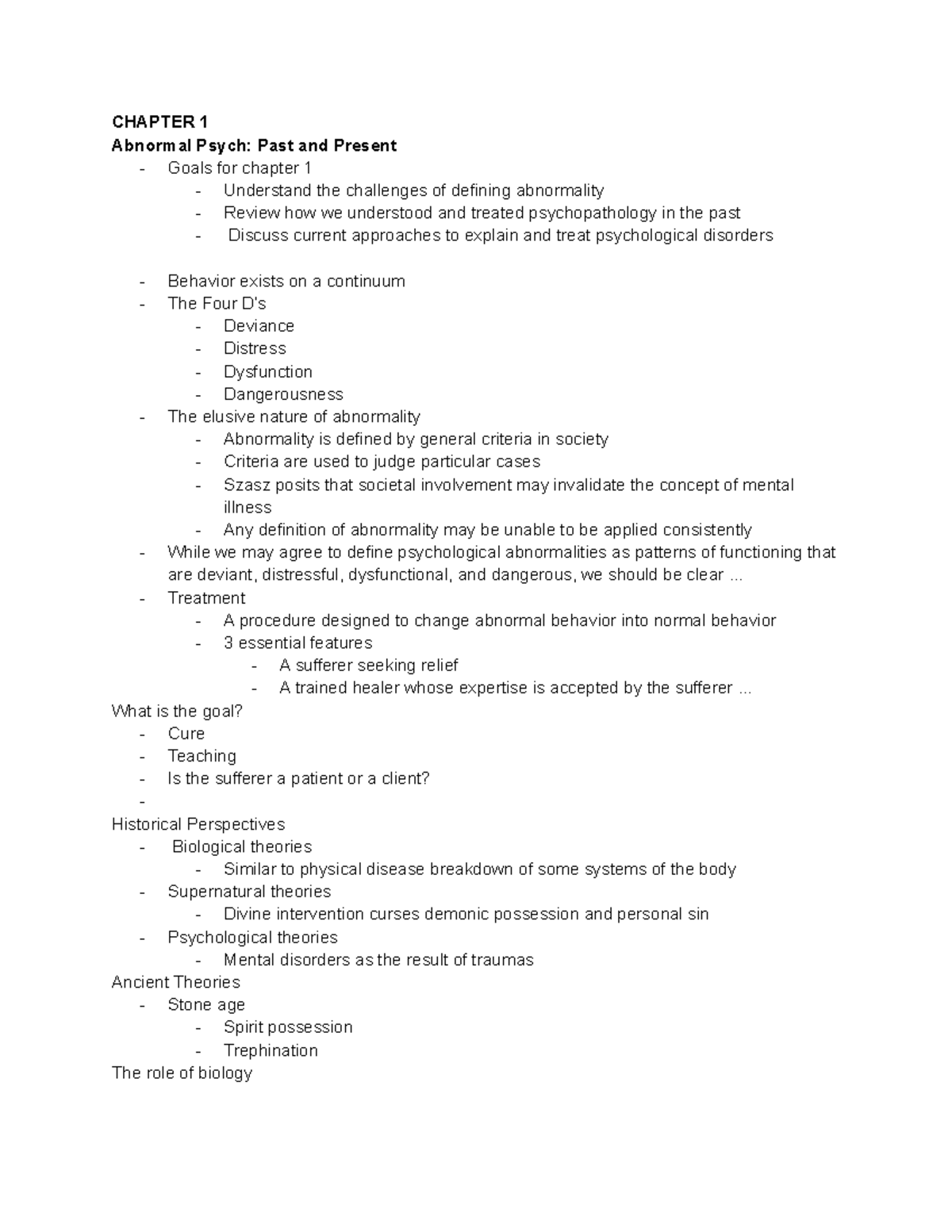 Psych 405 - Lecture notes 1-3 - CHAPTER 1 Abnormal Psych: Past and ...