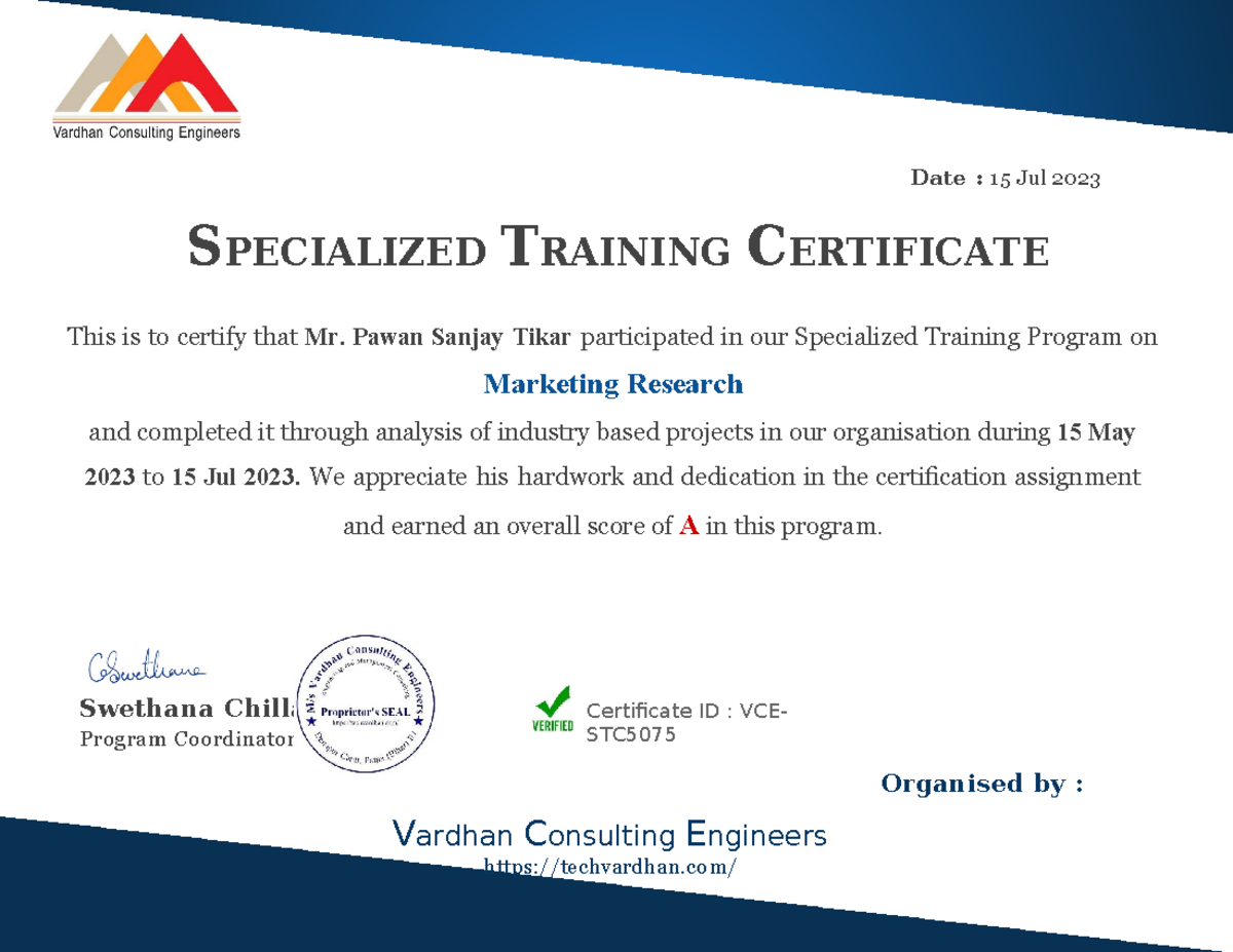 Marketing Research Certificate - Vardhan Consulting Engineers 