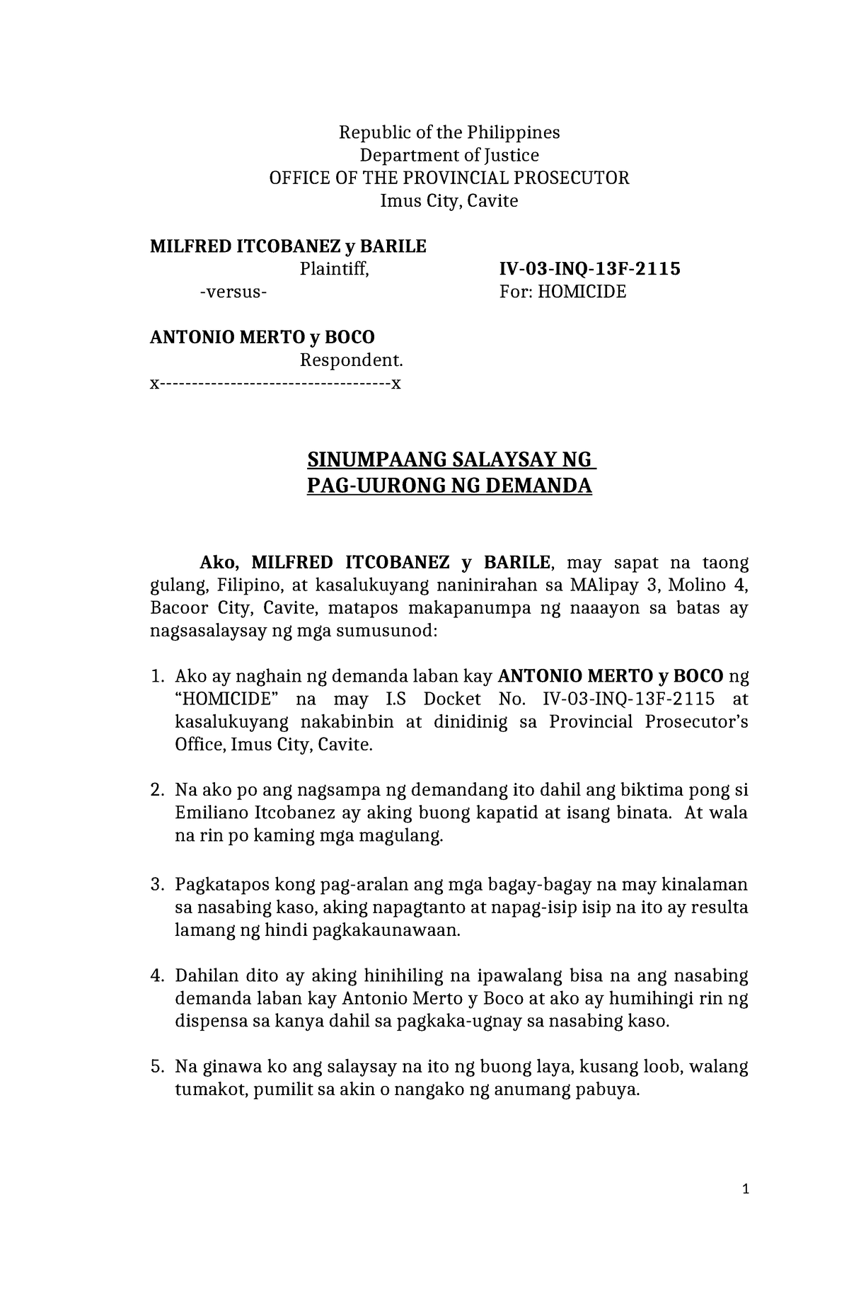 Affidavit Of Desistance Tagalog Sample Republic Of The Philippines   Thumb 1200 1835 