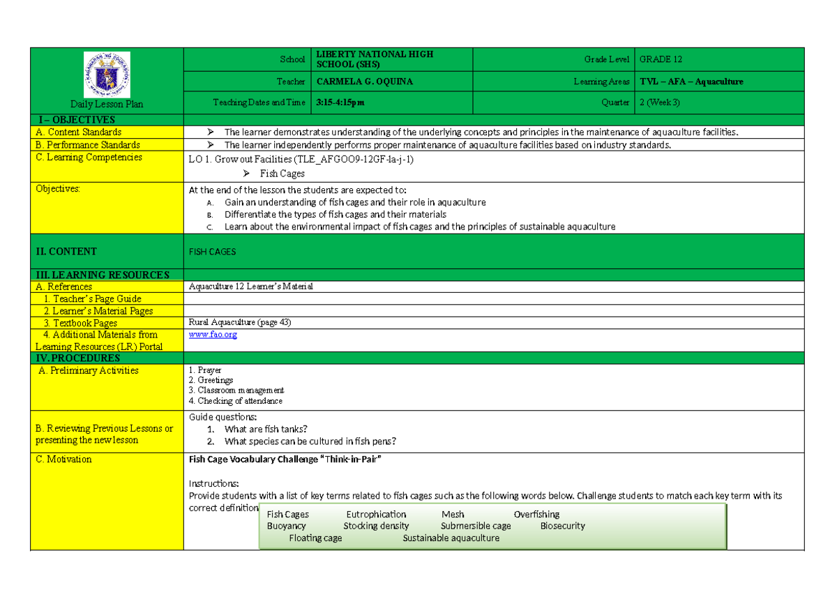 FISH Growout - CO1 PLAN - Lesson Plan - Daily Lesson Plan School ...