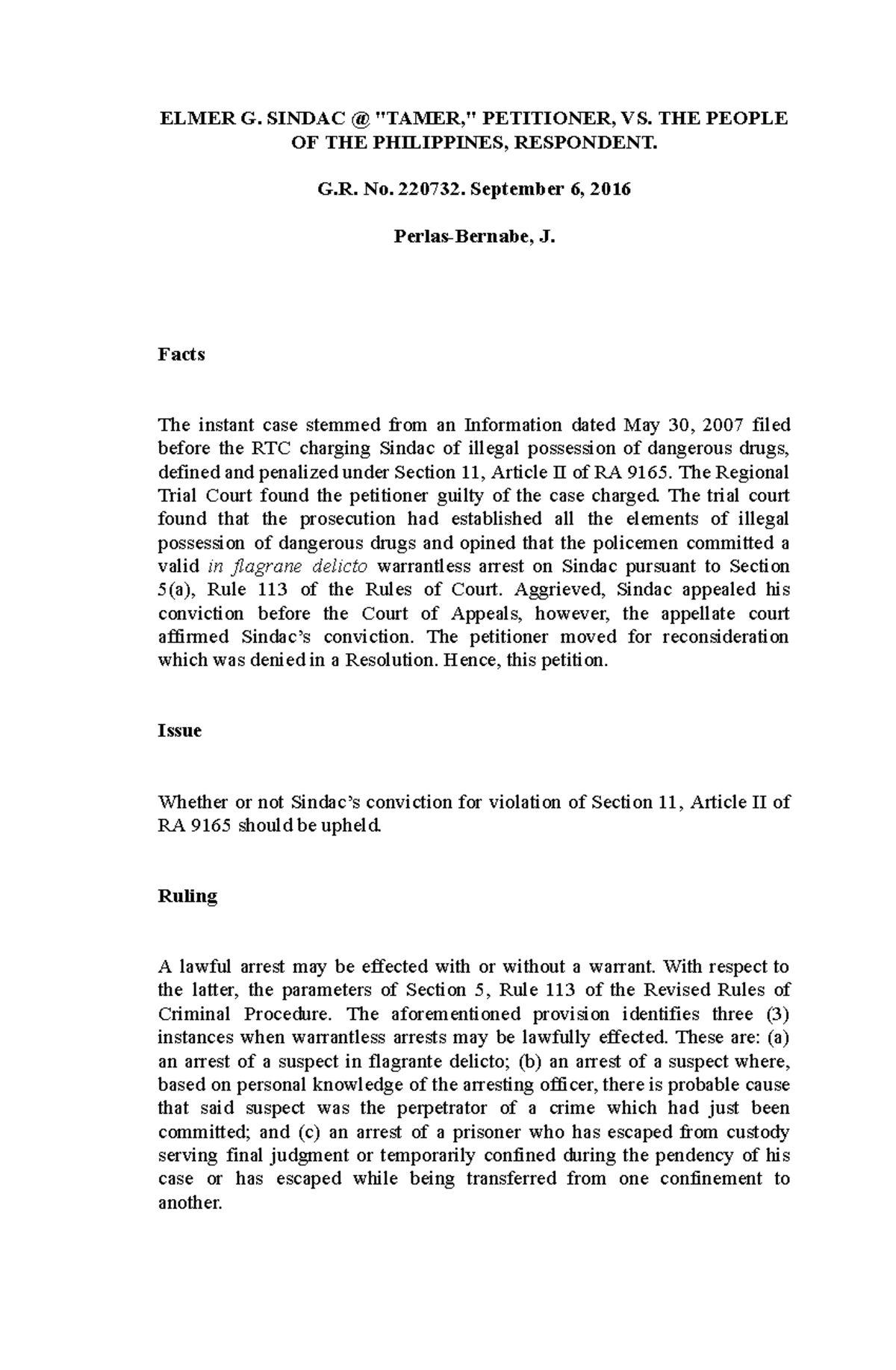 RULE 113 - Rule 113 case digests - ELMER G. SINDAC @ 