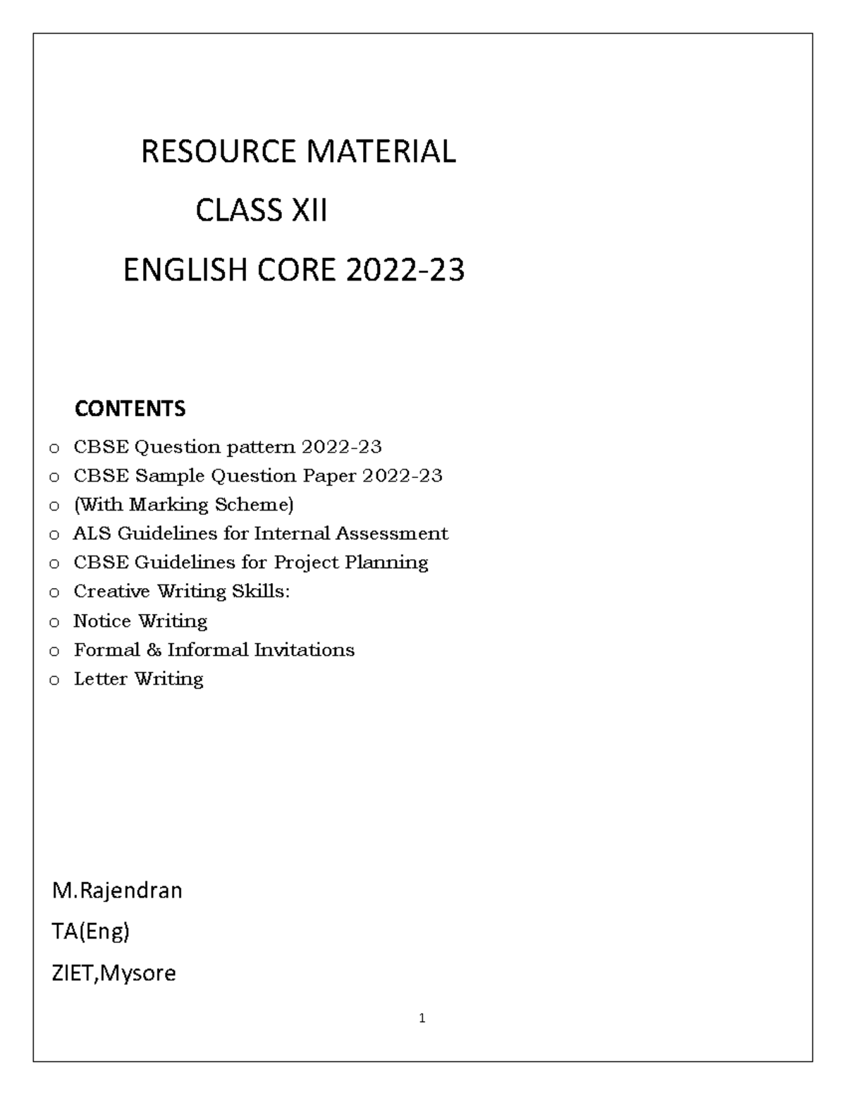 Resource Material 202223 English Class XII 1 RESOURCE MATERIAL CLASS