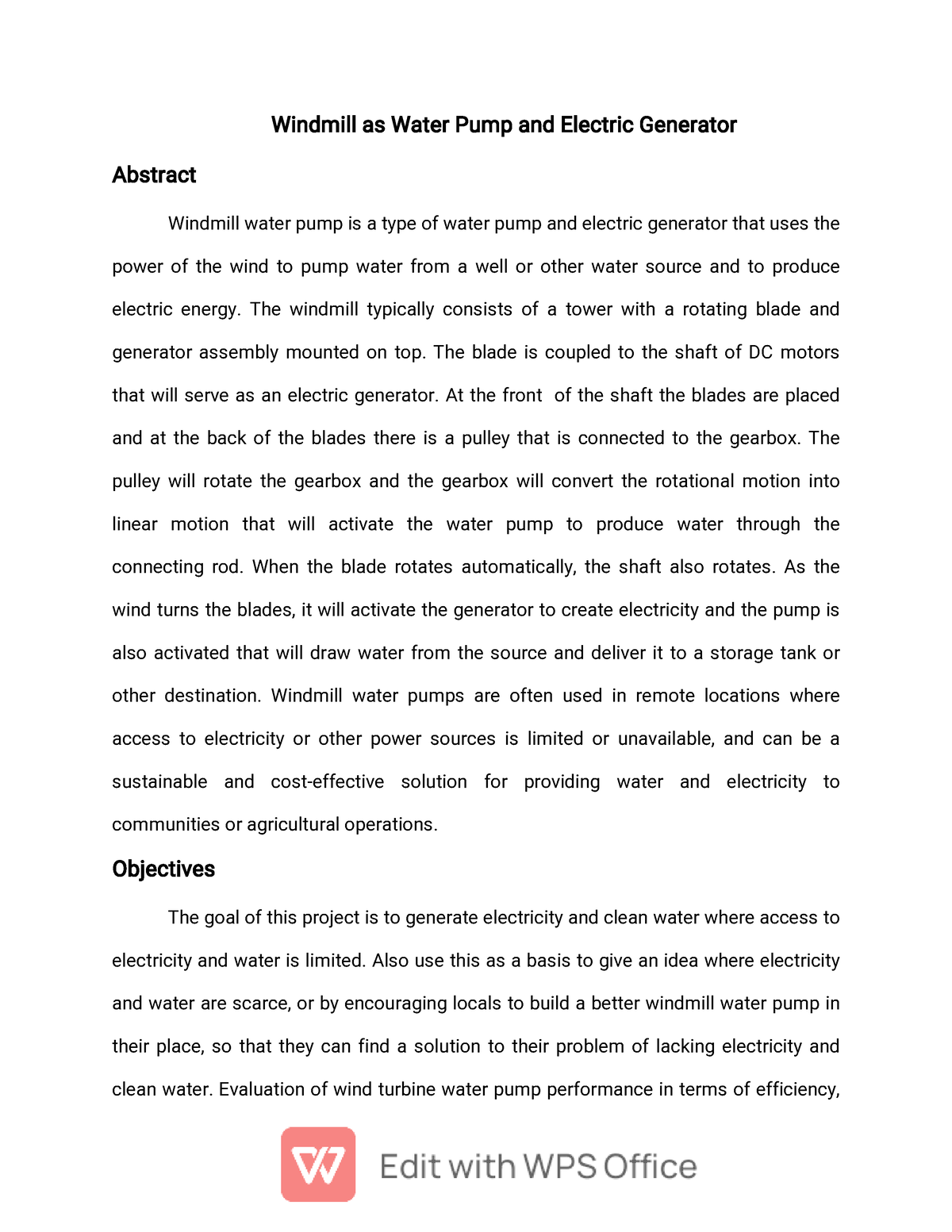 windmill water pump research paper