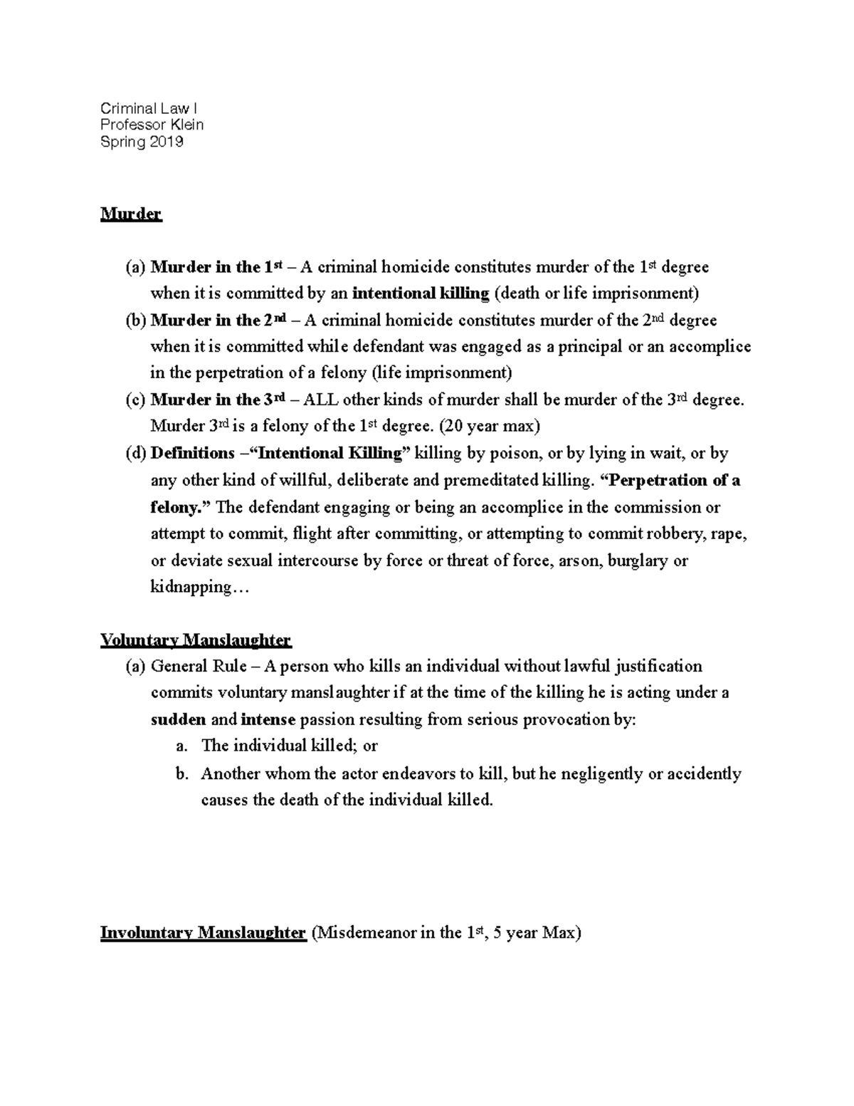 Manslaughter - Lecture notes 17 - Criminal Law I Professor Klein Spring ...