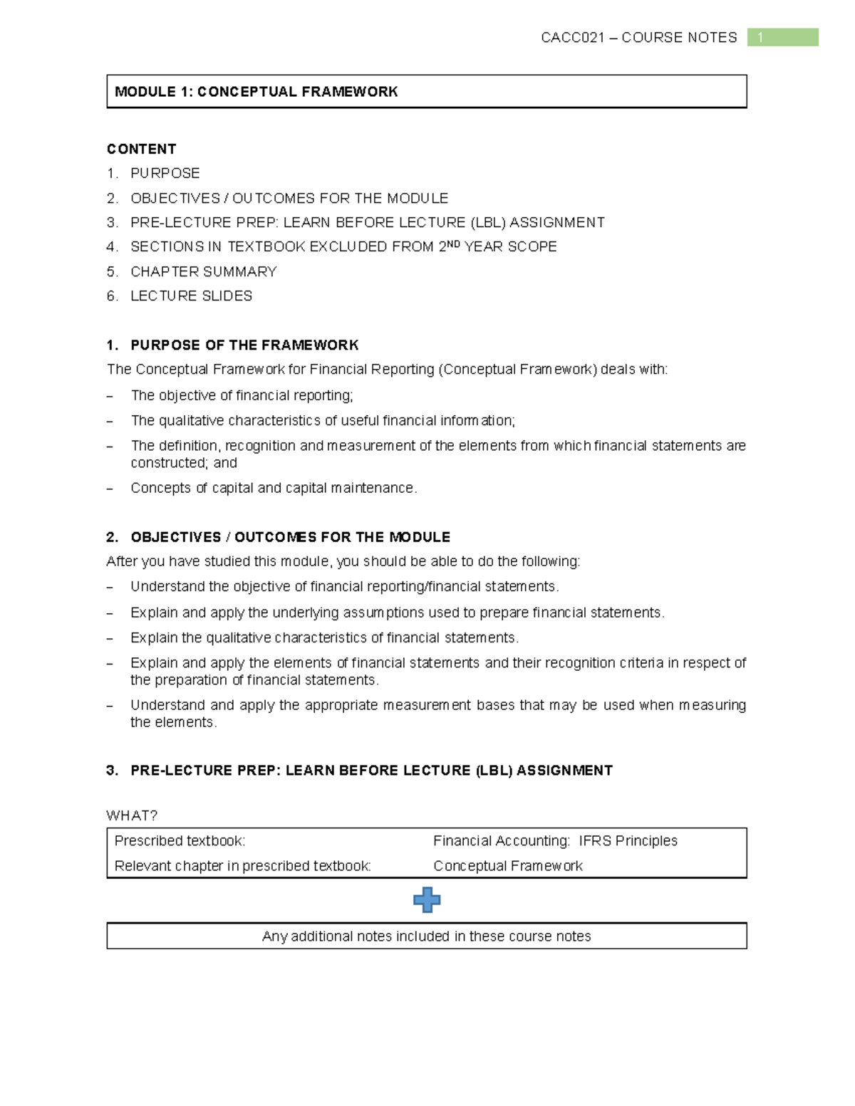 CACC021 CF - Course Notes (2023) - MODULE 1: CONCEPTUAL FRAMEWORK ...