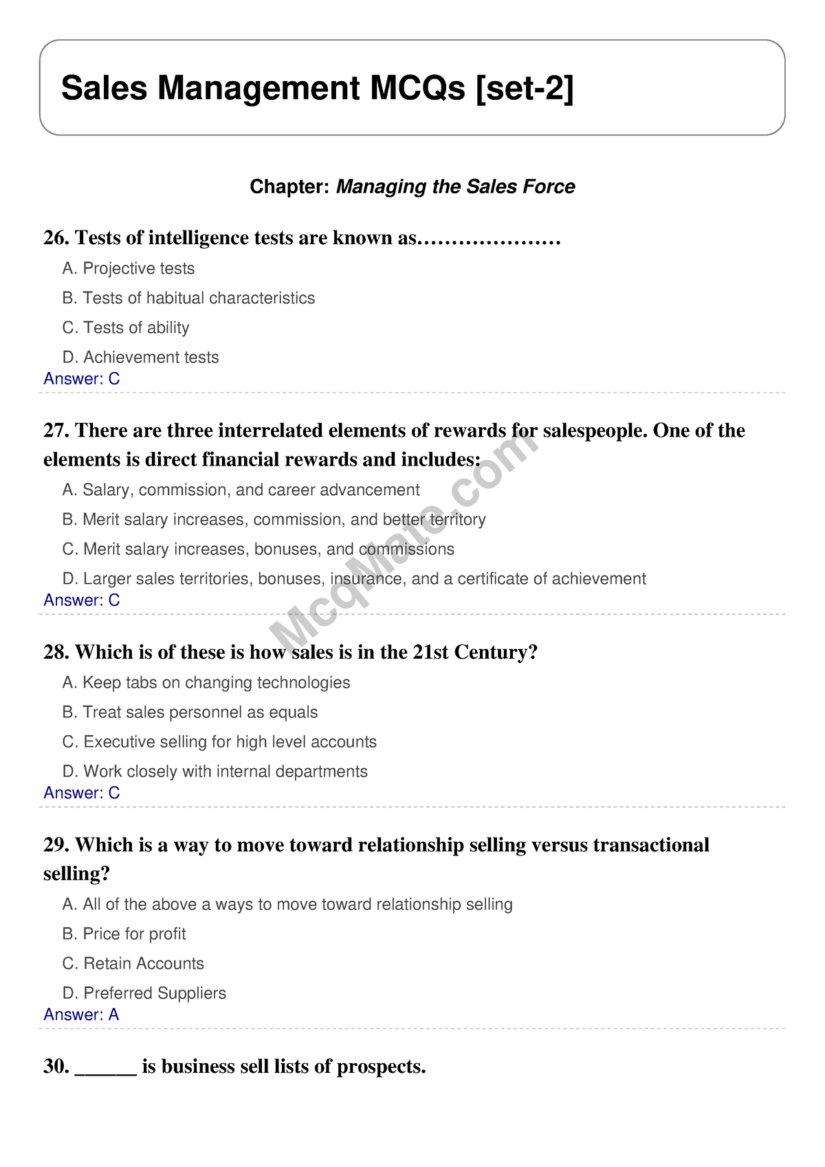 Sales Management (Chapter- Managing The Sales Force) Solved MCQs [set-2 ...