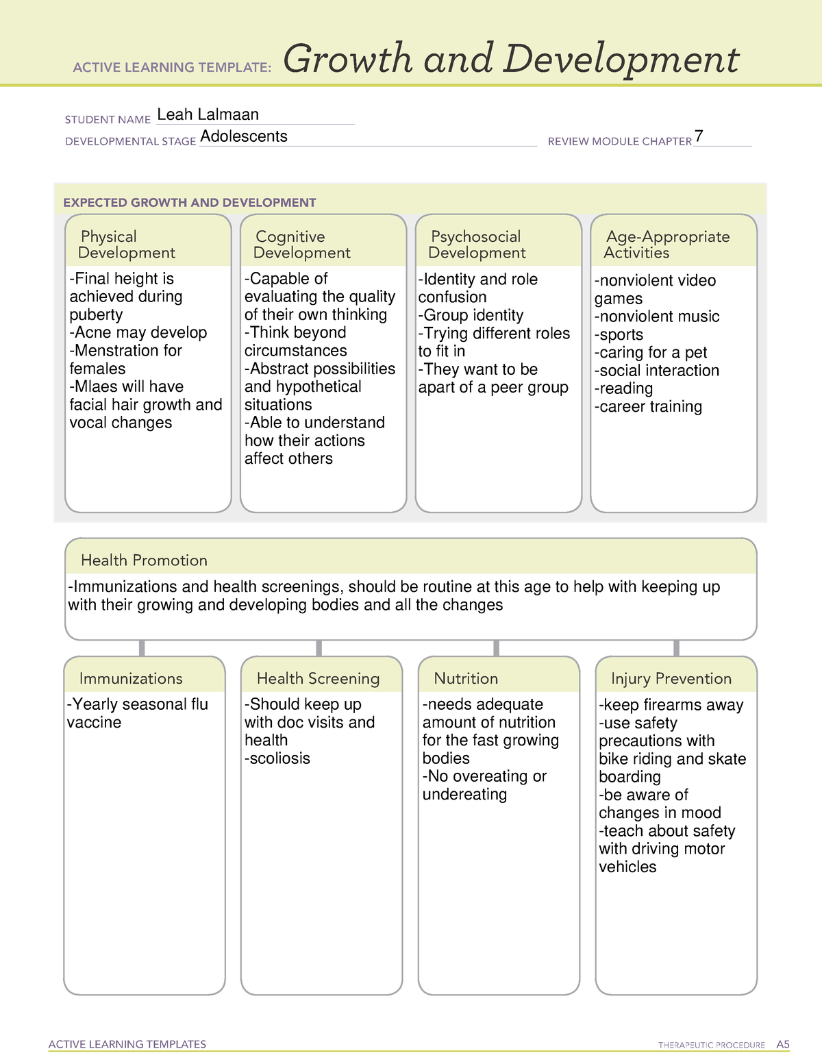 Adolescents Growth and Development ATI ACTIVE LEARNING TEMPLATES