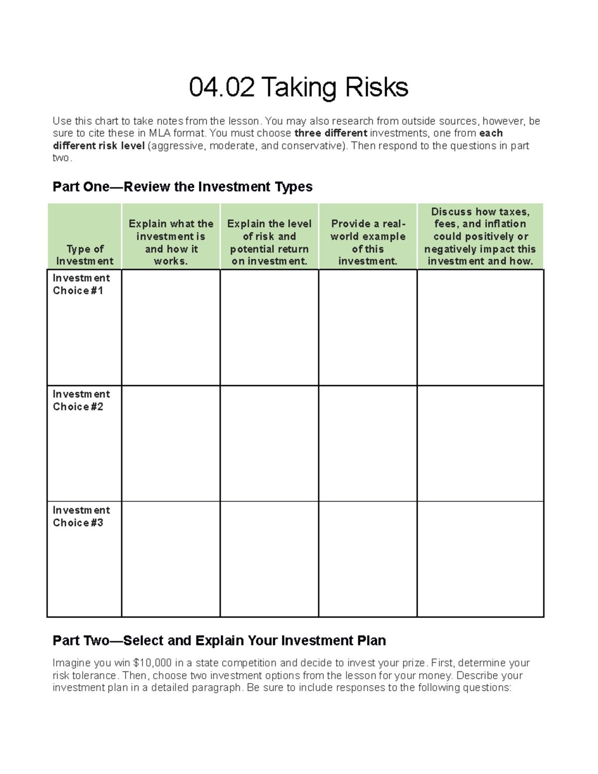 Taking risks worksheet - 04 Taking Risks Use this chart to take notes ...