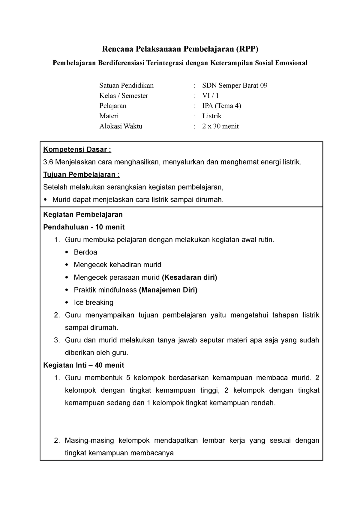 Rpp Berdiferensiasi Terintegrasi Kse Esthy Sdn Semper Barat 09 Rencana Pelaksanaan 2800