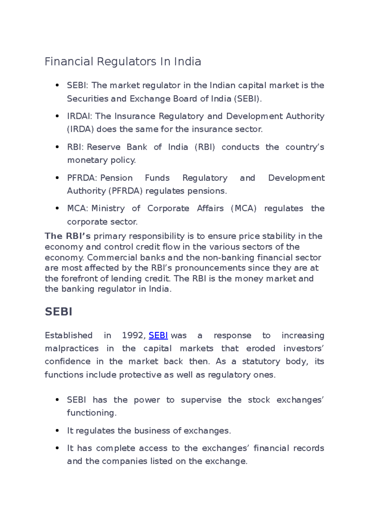Uma pati uttam pyare IMPORTANT WORK Financial Regulators In India
