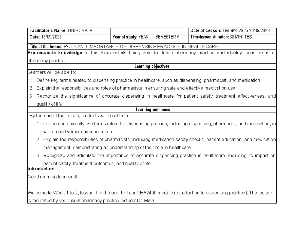 PHA2400 Week+1-2 Lesson+1+Plan 2 - Facilitator’s Name: LINEO MAJA Date ...