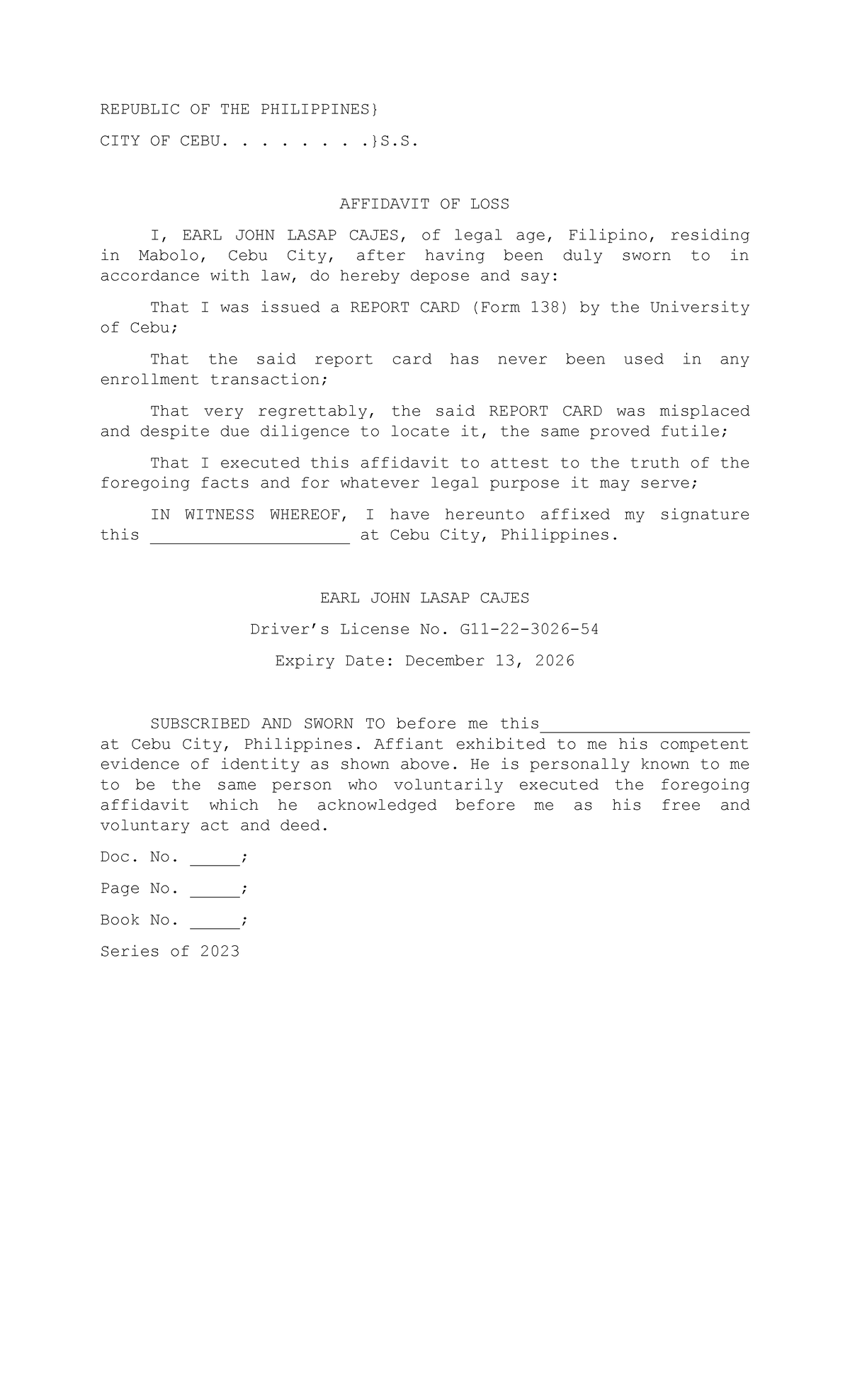 Affidavit OF LOSS - REPUBLIC OF THE PHILIPPINES} CITY OF CEBU ...