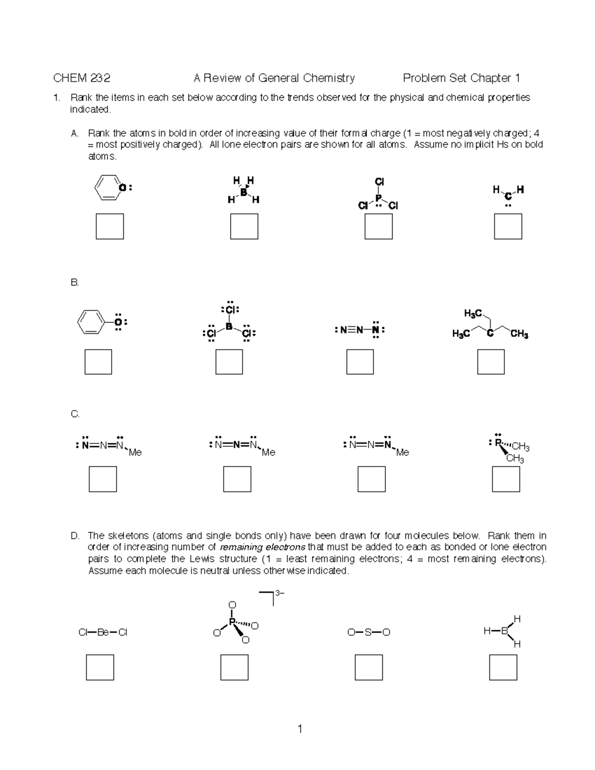 CHEM 232 Problem Set 1 - CHEM 232 A Review Of General Chemistry Problem ...