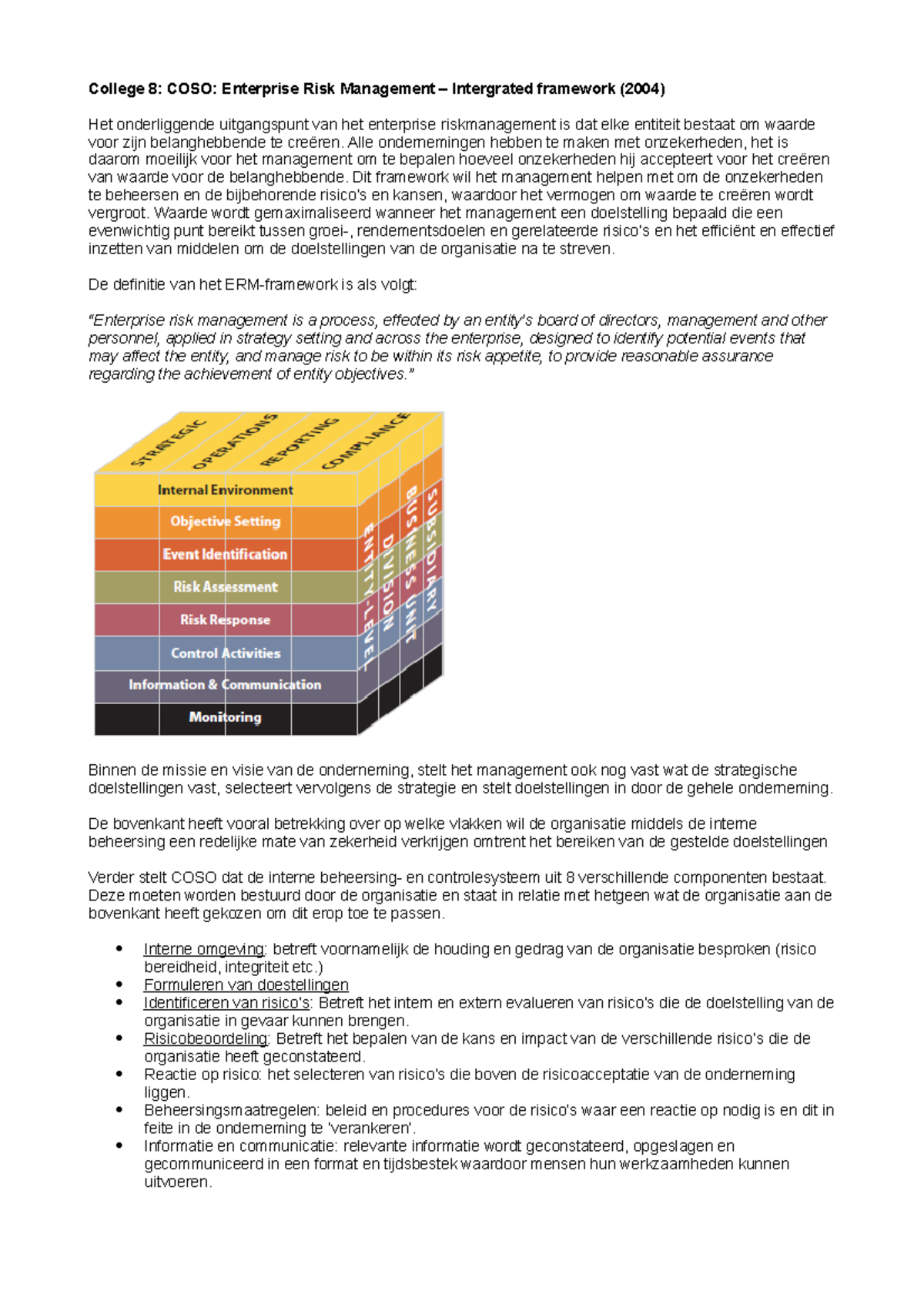 College 8; COSO; Enterprise Risk Management Intergrated Framework 2004 ...