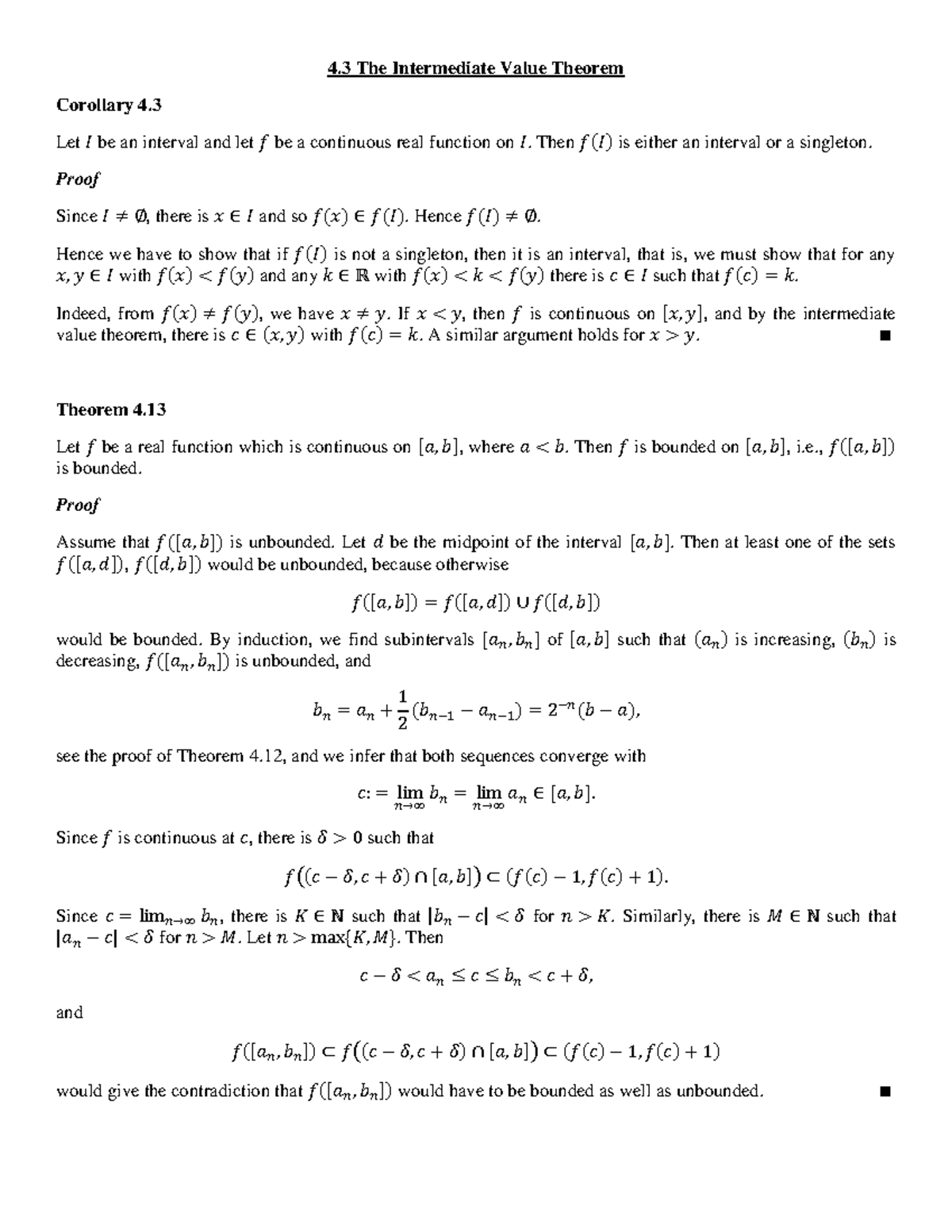 Section 4.3 and 5.2 Proofs - 4 The Intermediate Value Theorem Corollary ...