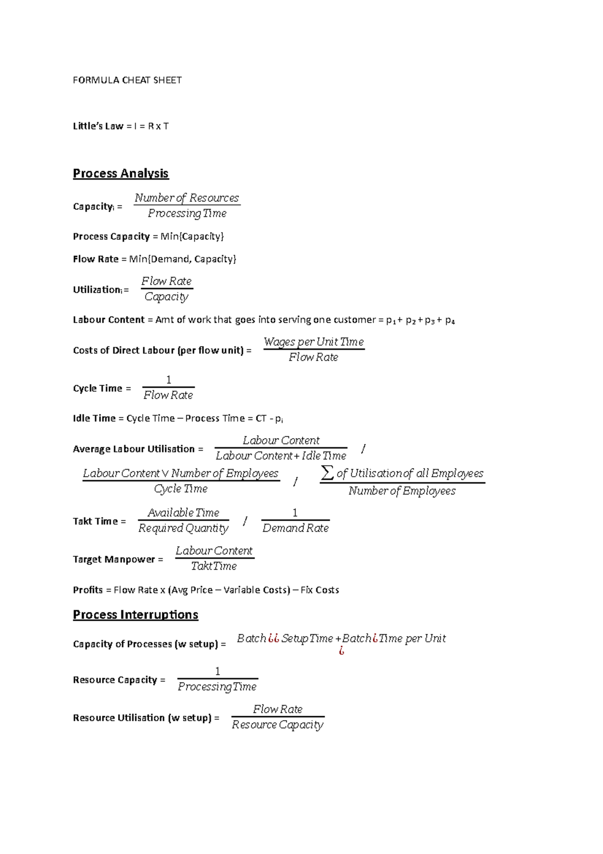 Formula Cheat Sheet - FORMULA CHEAT SHEET Law I R x T Process Analysis ...