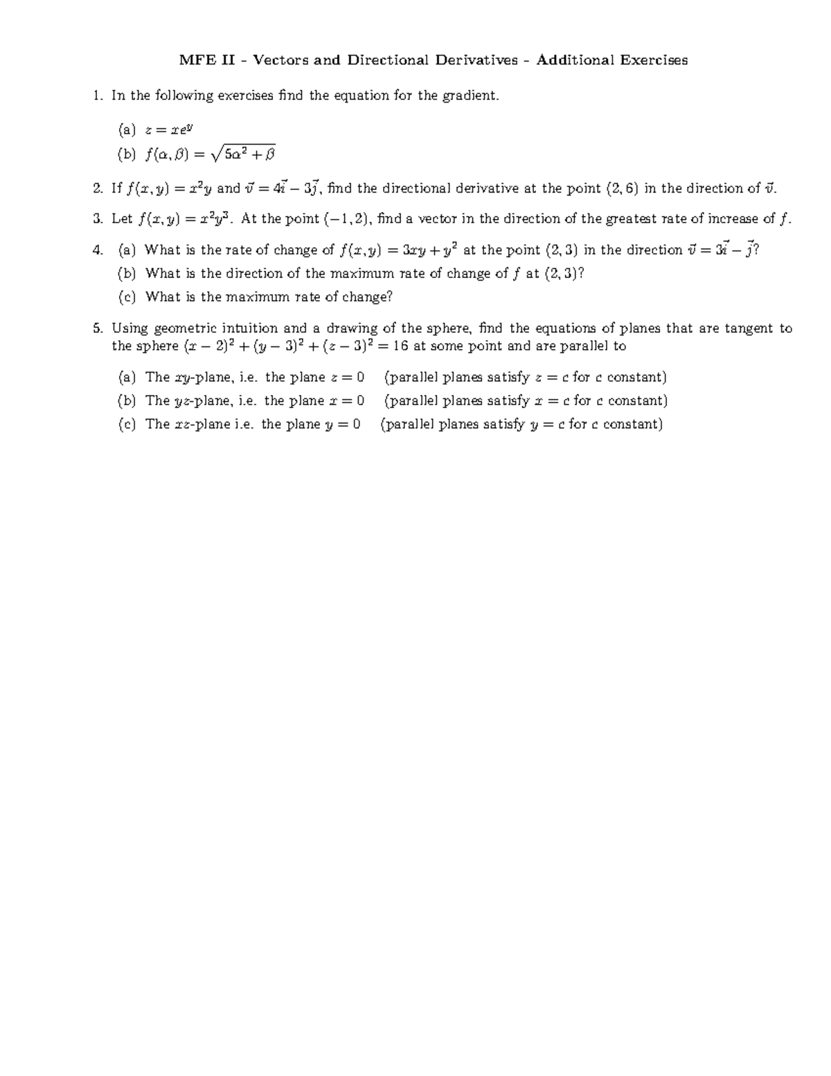 2 - Vectors and Directional Derivatives Additional Exercises - (a) z ...