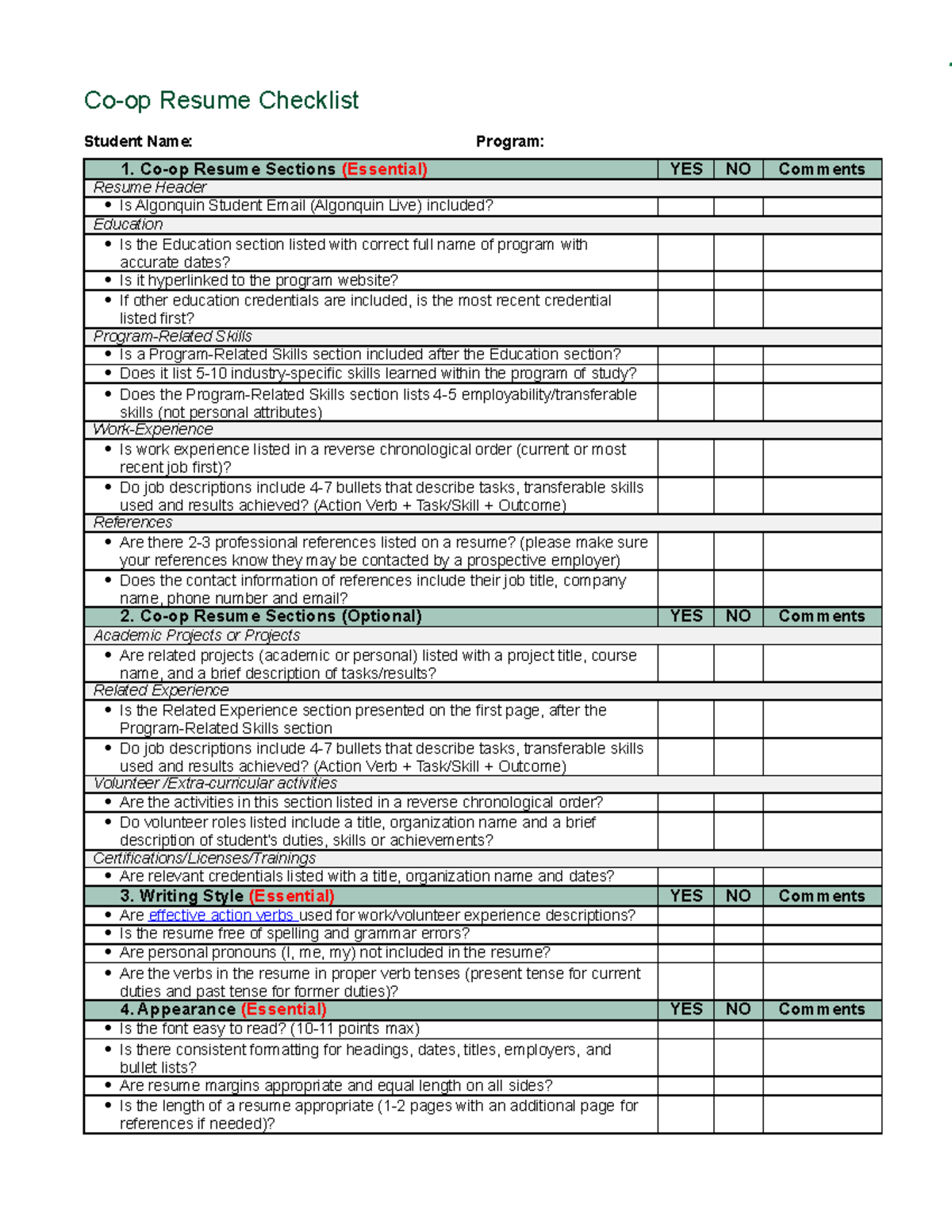 Co Op Resume Checklist Co Op Co Op Resume Checklist Student Name Program 1 Co Op Resume Studocu