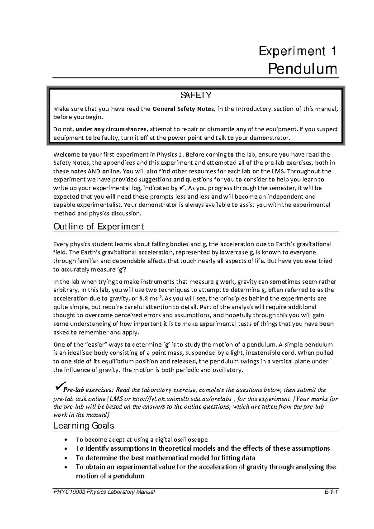 Pendulum 2021 Sheet - Experiment 1 shset - PHYC10003 Physics Laboratory ...